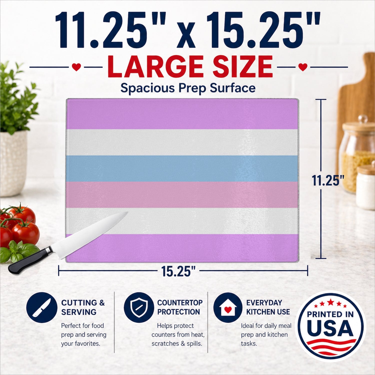Bigender Pride Cutting Board Tempered Glass Kitchen Cutting Surface, Heat Resistant Chopping, Non-Slip Feet, Food Prep & Serving