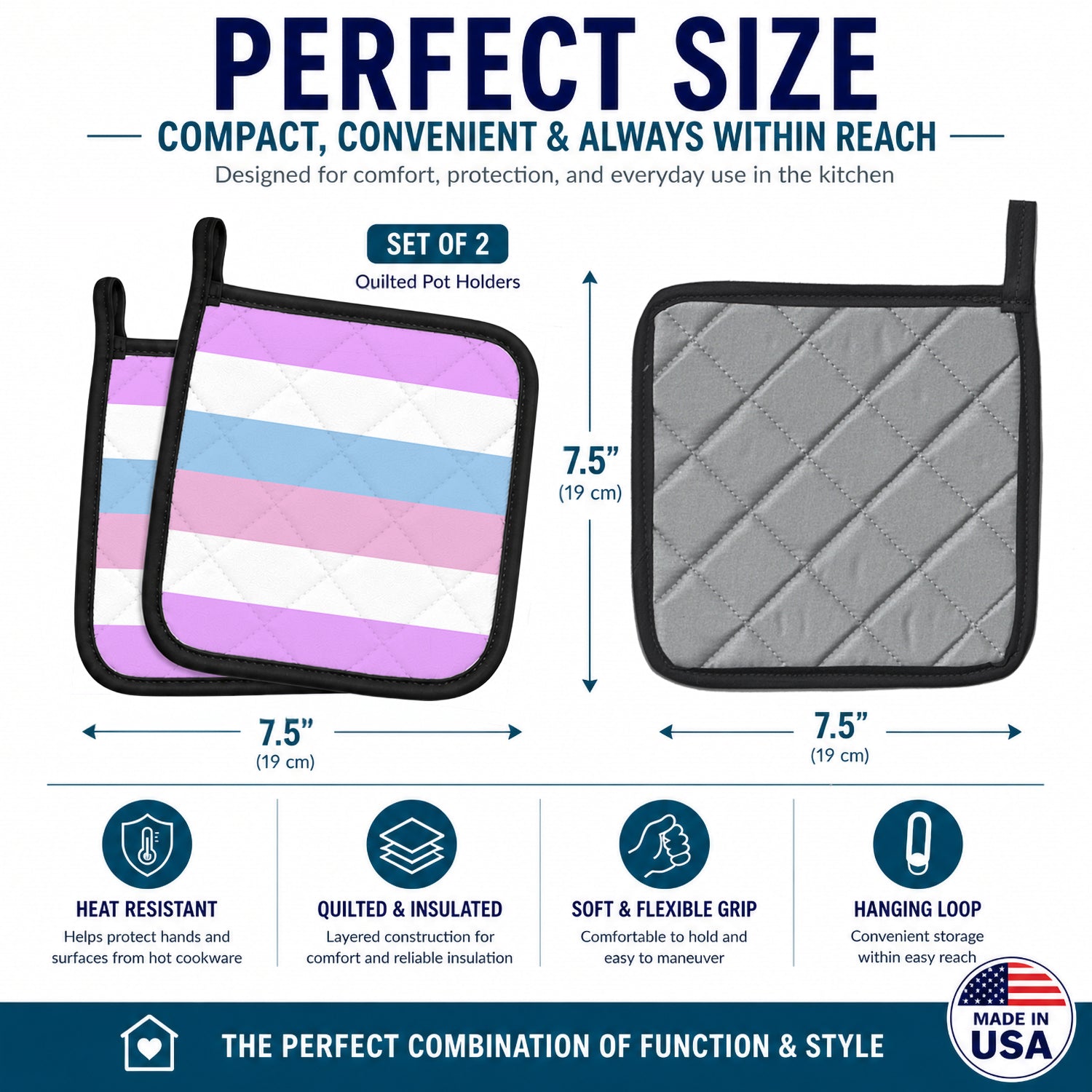Bigender Pride Pot Holder Set of 2 Heat Resistant Quilted Hot Pads 7.5 x 7.5 Inch, Insulated Kitchen Trivets for Cooking & Baking