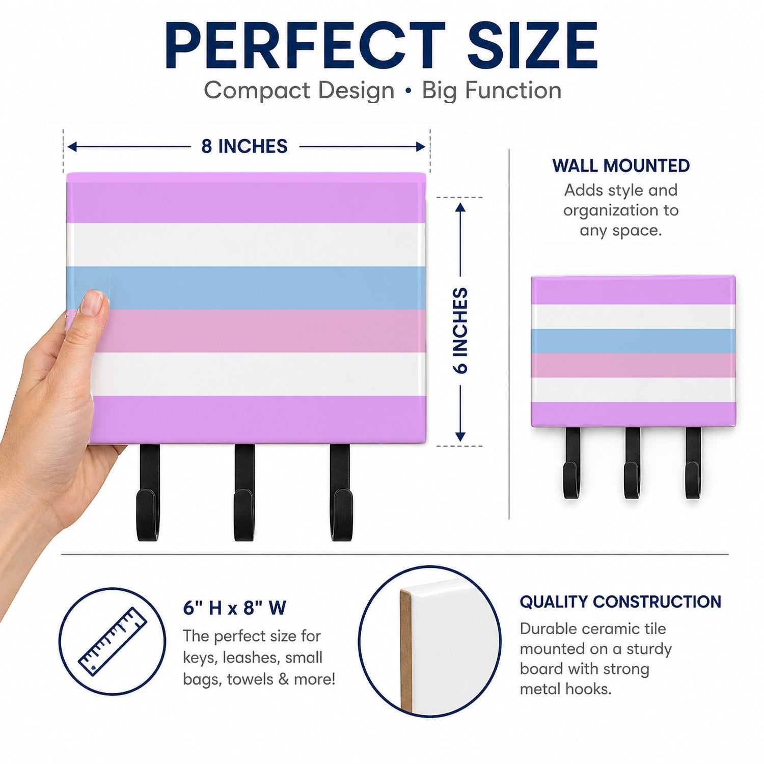 Bigender Pride Leash or Key Holder Wall Hooks, Coat Rack Wall Mount, for Hanging Keys, Towels, Aprons, Leashes
