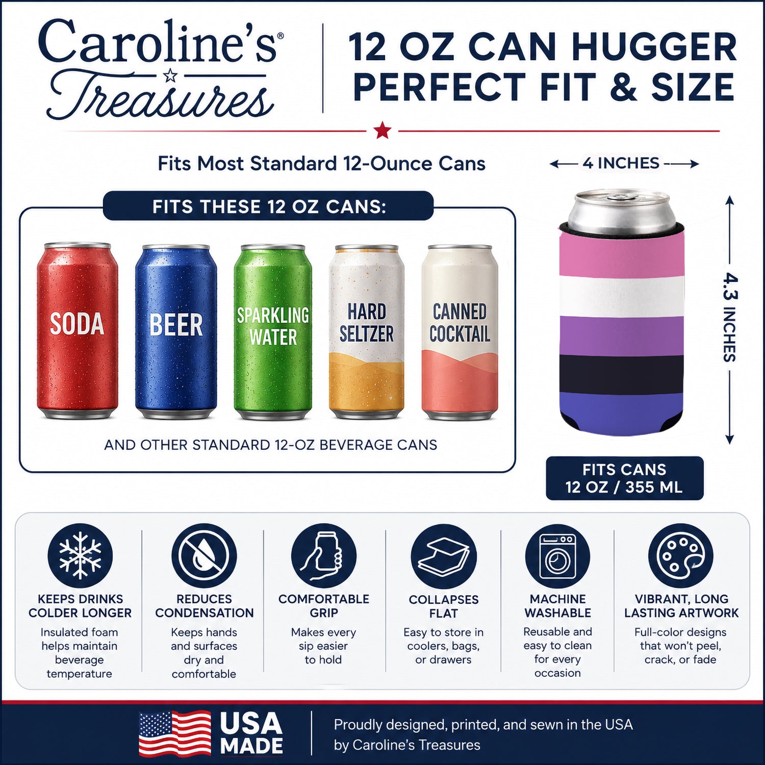 Genderfluid Pride Can or Bottle Hugger Cooler Sleeve for Standard 12 oz Cans, Insulated Foam Beer & Soda Can Hugger Reusable