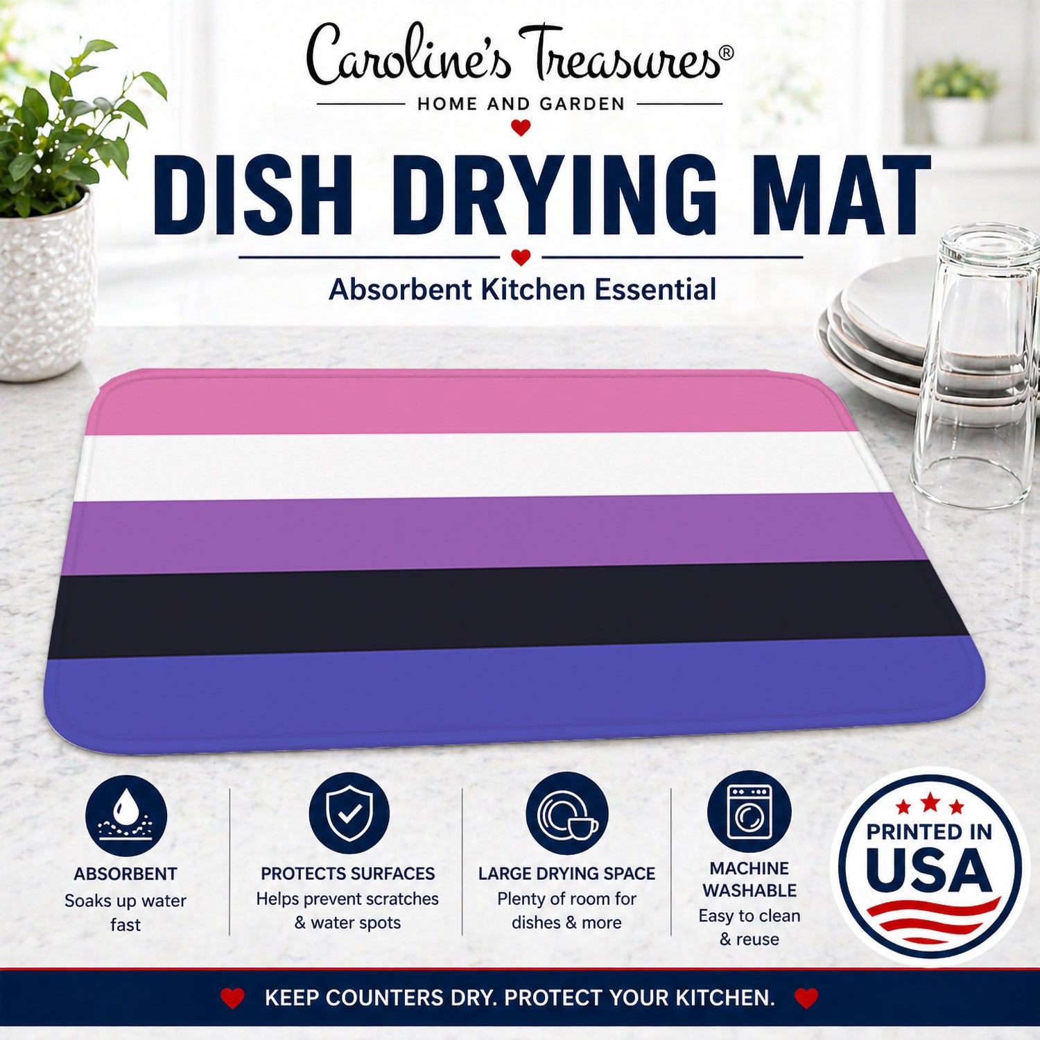 Genderfluid Pride Dish Drying Mat Absorbent Dish Drying Mat Pad for Kitchen Counter Dish Drainer Mat for Countertop, 14 x 21", Multicolor