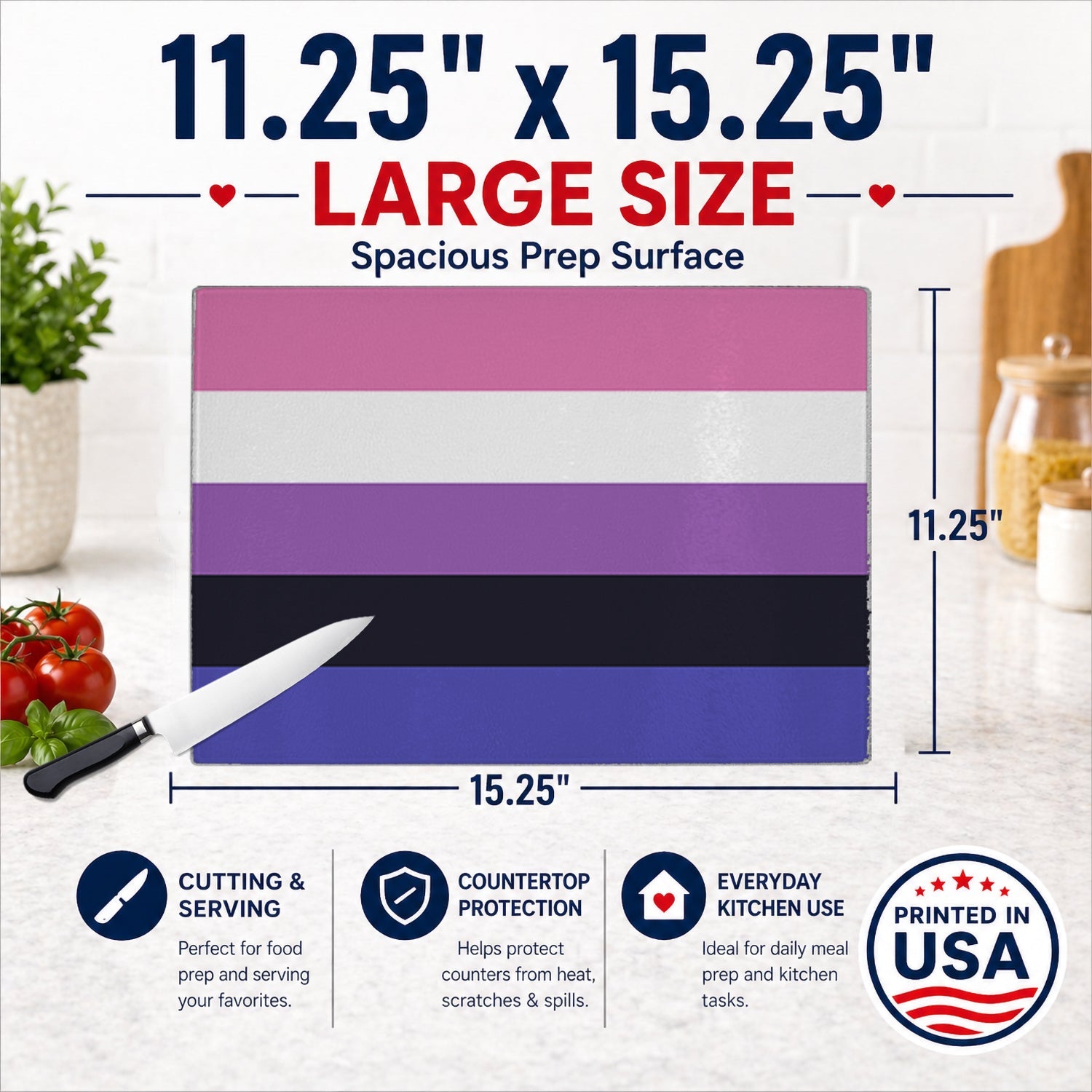 Genderfluid Pride Cutting Board Tempered Glass Kitchen Cutting Surface, Heat Resistant Chopping, Non-Slip Feet, Food Prep & Serving