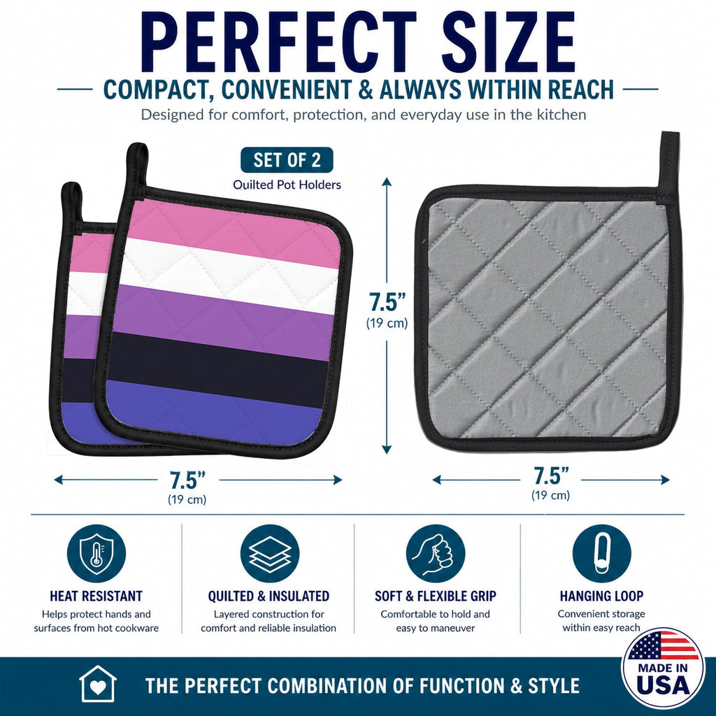 Genderfluid Pride Pot Holder Set of 2 Heat Resistant Quilted Hot Pads 7.5 x 7.5 Inch, Insulated Kitchen Trivets for Cooking & Baking
