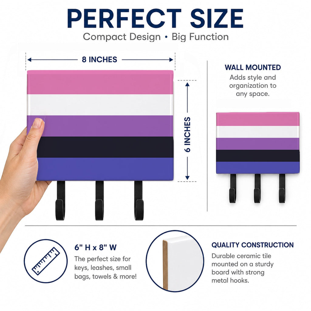 Genderfluid Pride Leash or Key Holder Wall Hooks, Coat Rack Wall Mount, for Hanging Keys, Towels, Aprons, Leashes