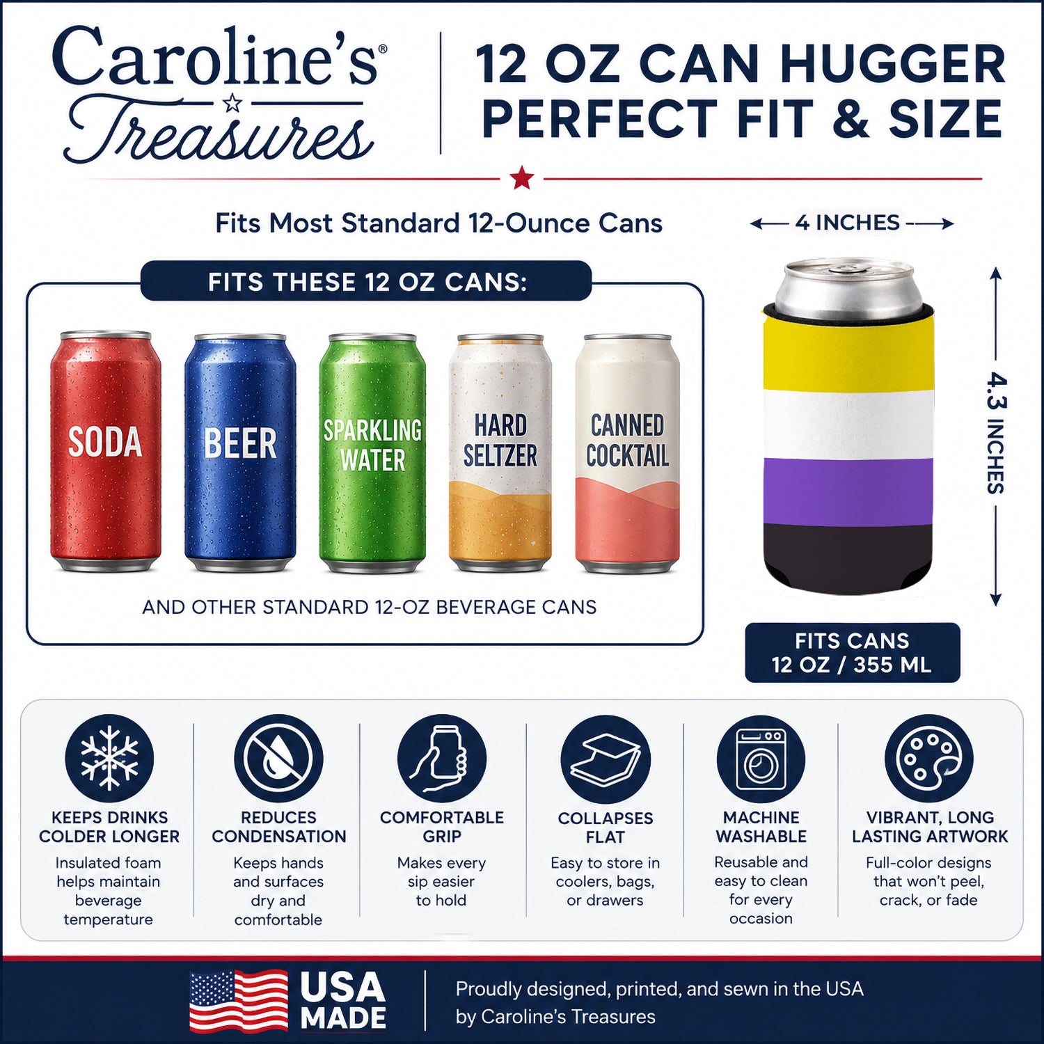 Nonbinary Pride Can or Bottle Hugger Cooler Sleeve for Standard 12 oz Cans, Insulated Foam Beer & Soda Can Hugger Reusable