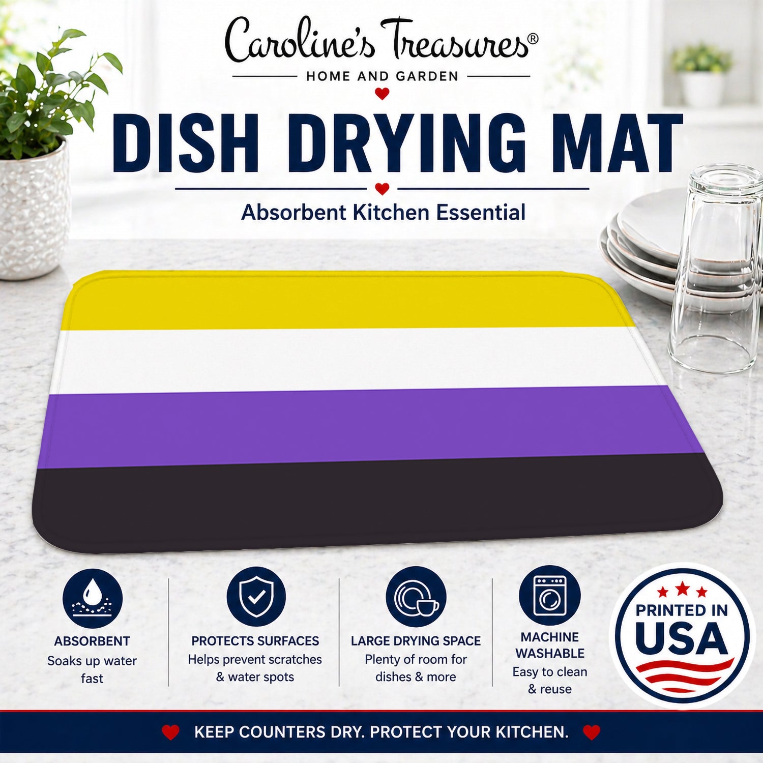 Nonbinary Pride Dish Drying Mat Absorbent Dish Drying Mat Pad for Kitchen Counter Dish Drainer Mat for Countertop, 14 x 21", Multicolor