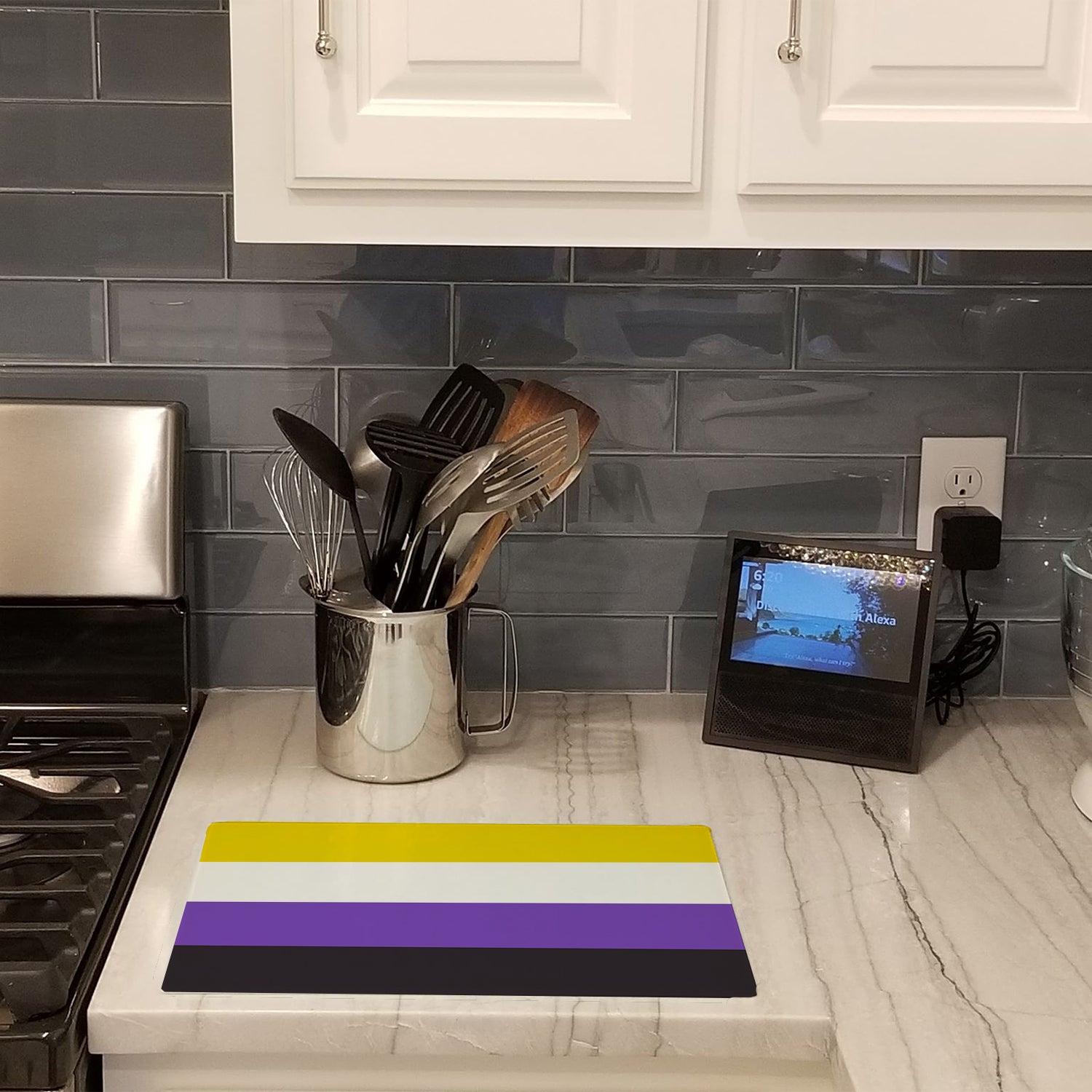 Nonbinary Pride Cutting Board Tempered Glass Kitchen Cutting Surface, Heat Resistant Chopping, Non-Slip Feet, Food Prep & Serving