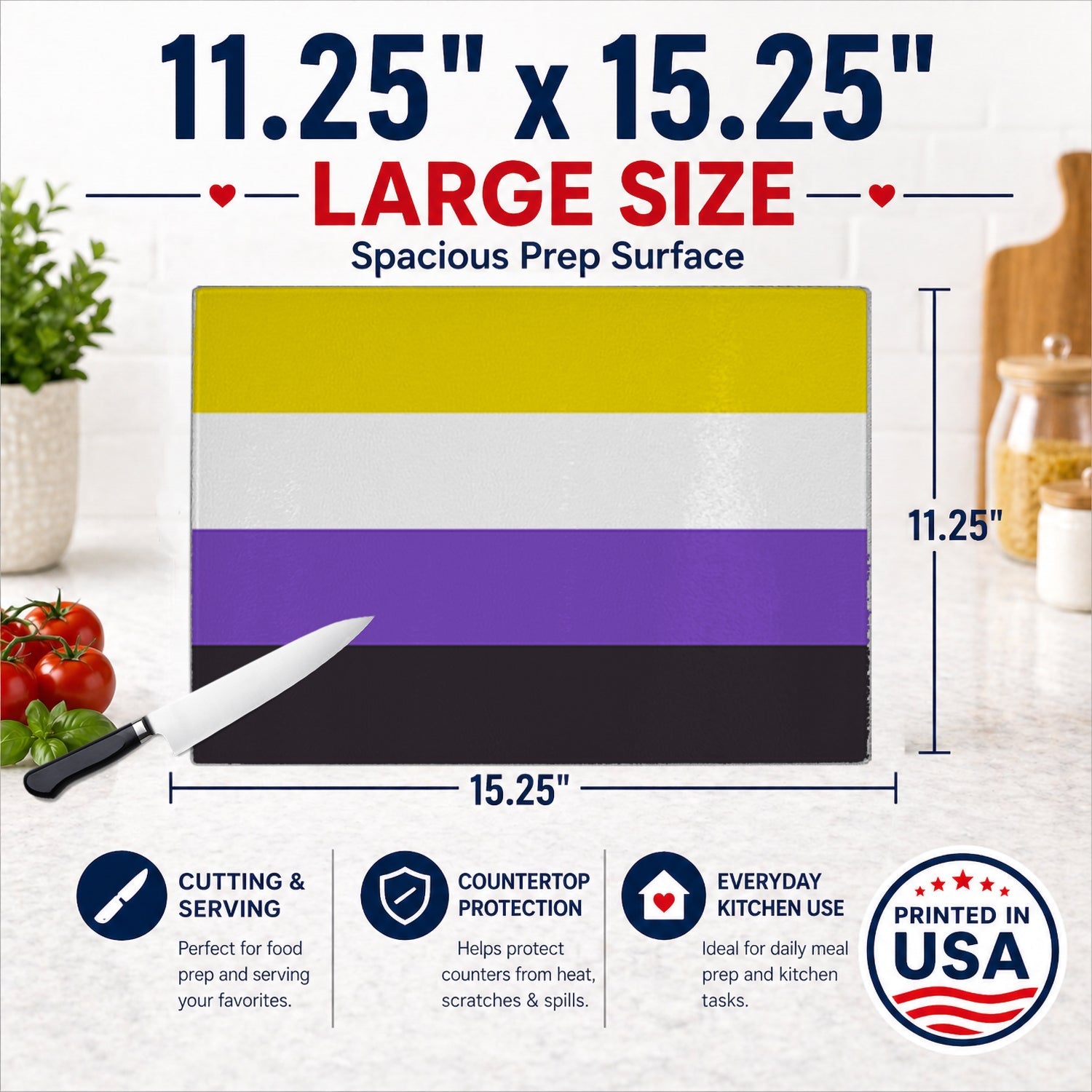 Nonbinary Pride Cutting Board Tempered Glass Kitchen Cutting Surface, Heat Resistant Chopping, Non-Slip Feet, Food Prep & Serving