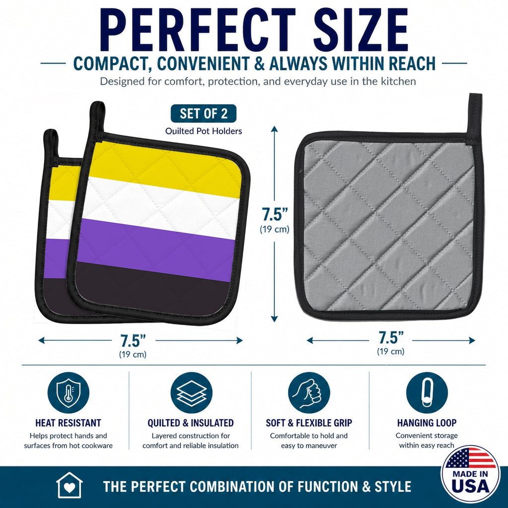 Nonbinary Pride Pot Holder Set of 2 Heat Resistant Quilted Hot Pads 7.5 x 7.5 Inch, Insulated Kitchen Trivets for Cooking & Baking