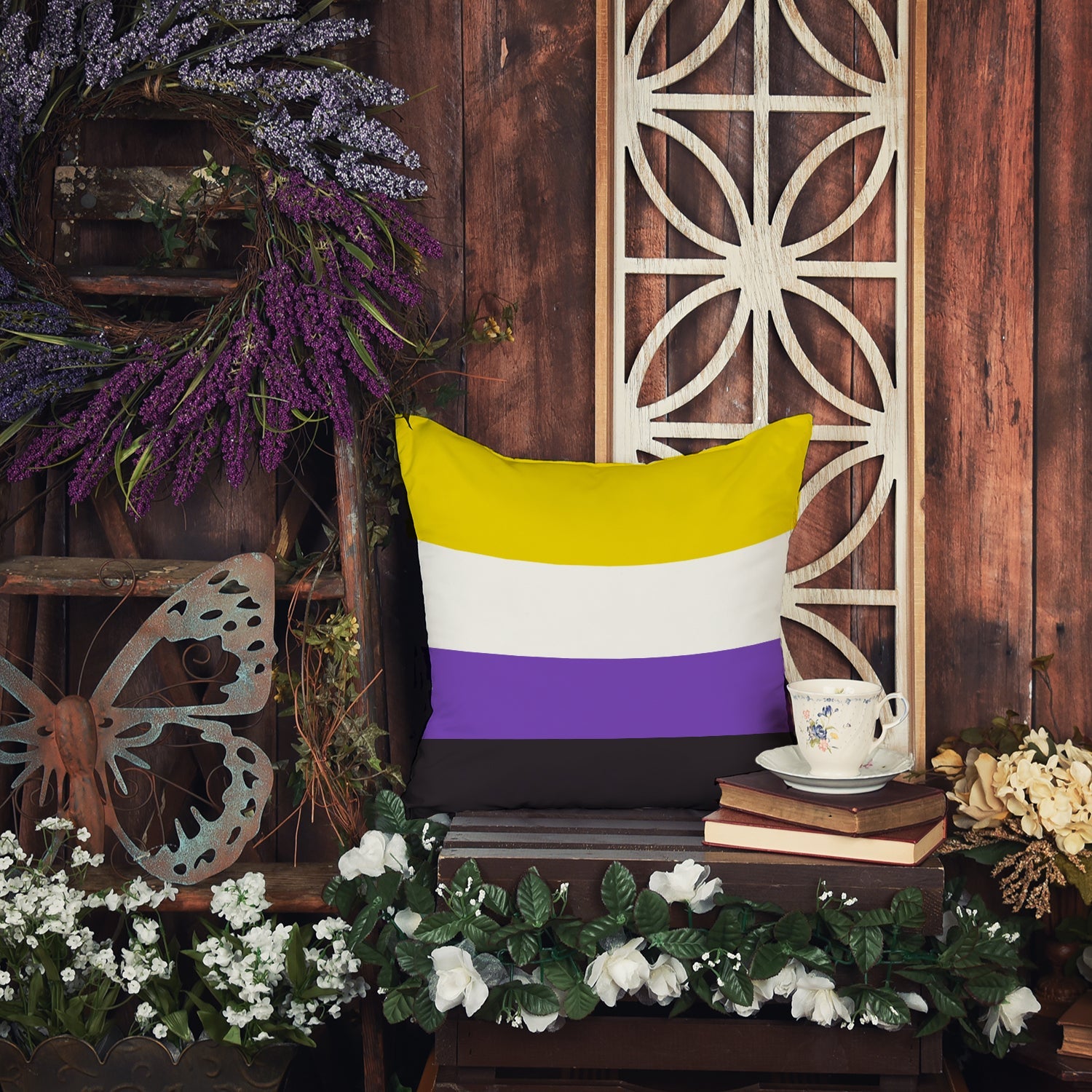 Nonbinary Pride Decorative Throw Pillow 14x14 Indoor Outdoor Accent Cushion, Fabric Cover with Insert for Sofa, Bed, Porch & Living Room