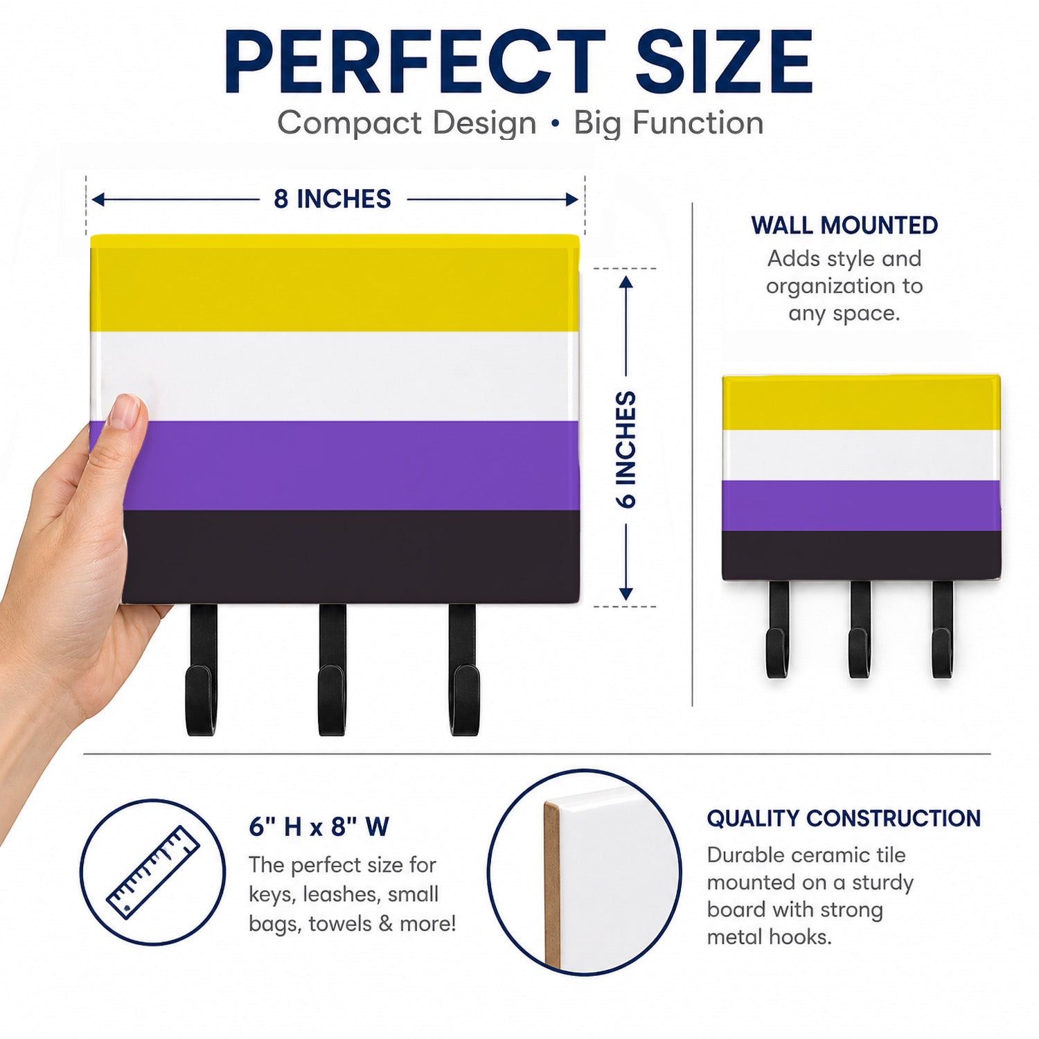 Nonbinary Pride Leash or Key Holder Wall Hooks, Coat Rack Wall Mount, for Hanging Keys, Towels, Aprons, Leashes
