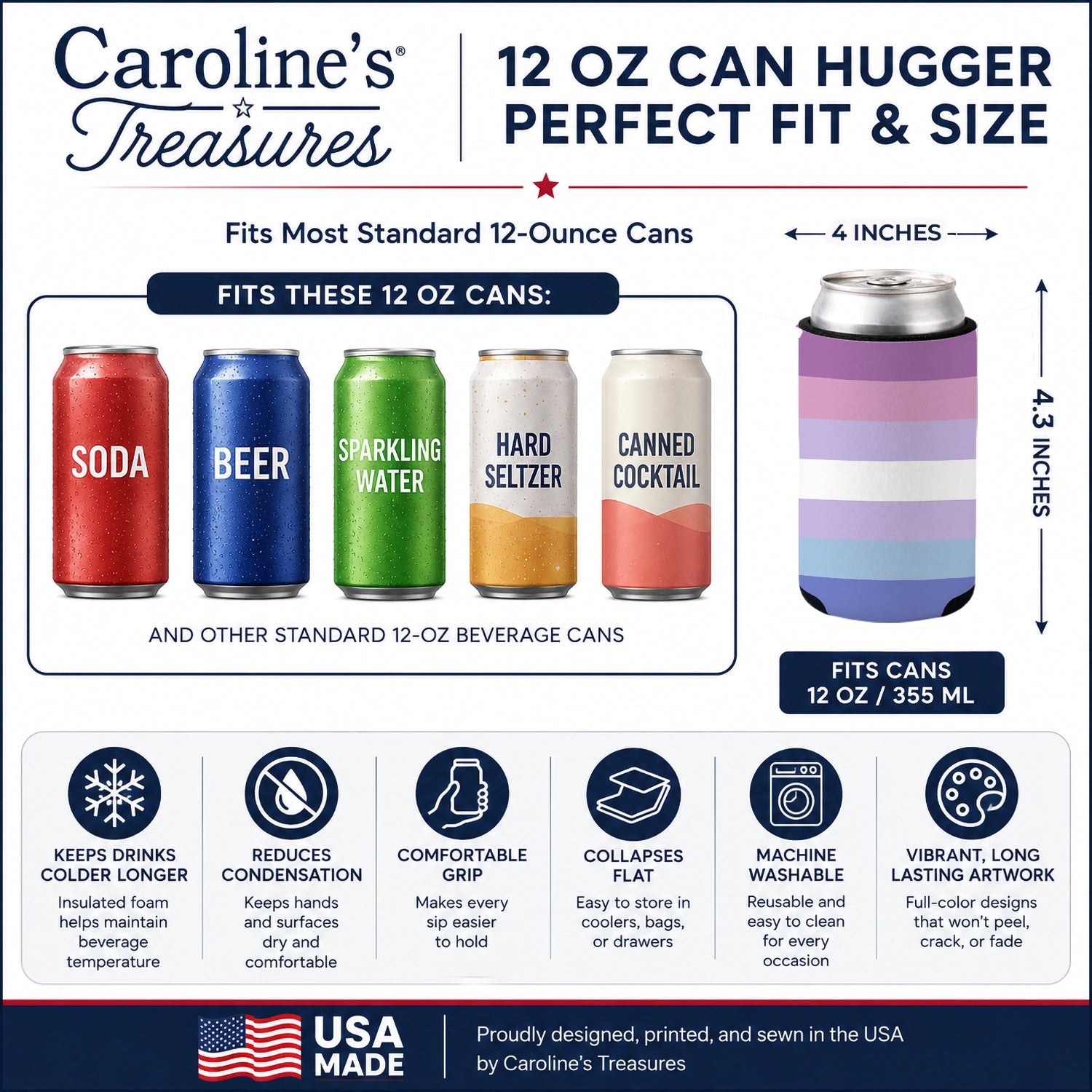 Bigender Pride Can or Bottle Hugger Cooler Sleeve for Standard 12 oz Cans, Insulated Foam Beer & Soda Can Hugger Reusable