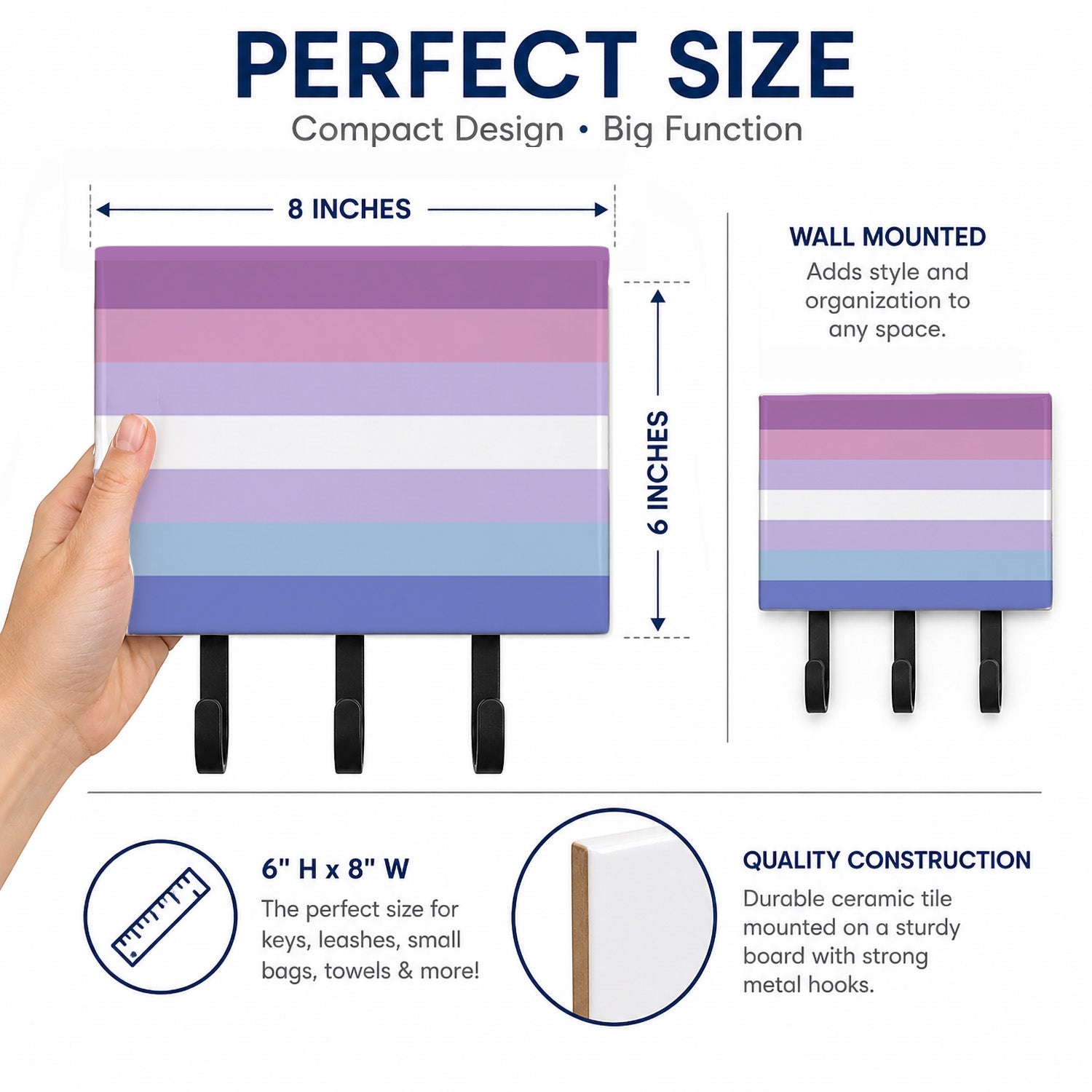 Bigender Pride Leash or Key Holder Wall Hooks, Coat Rack Wall Mount, for Hanging Keys, Towels, Aprons, Leashes