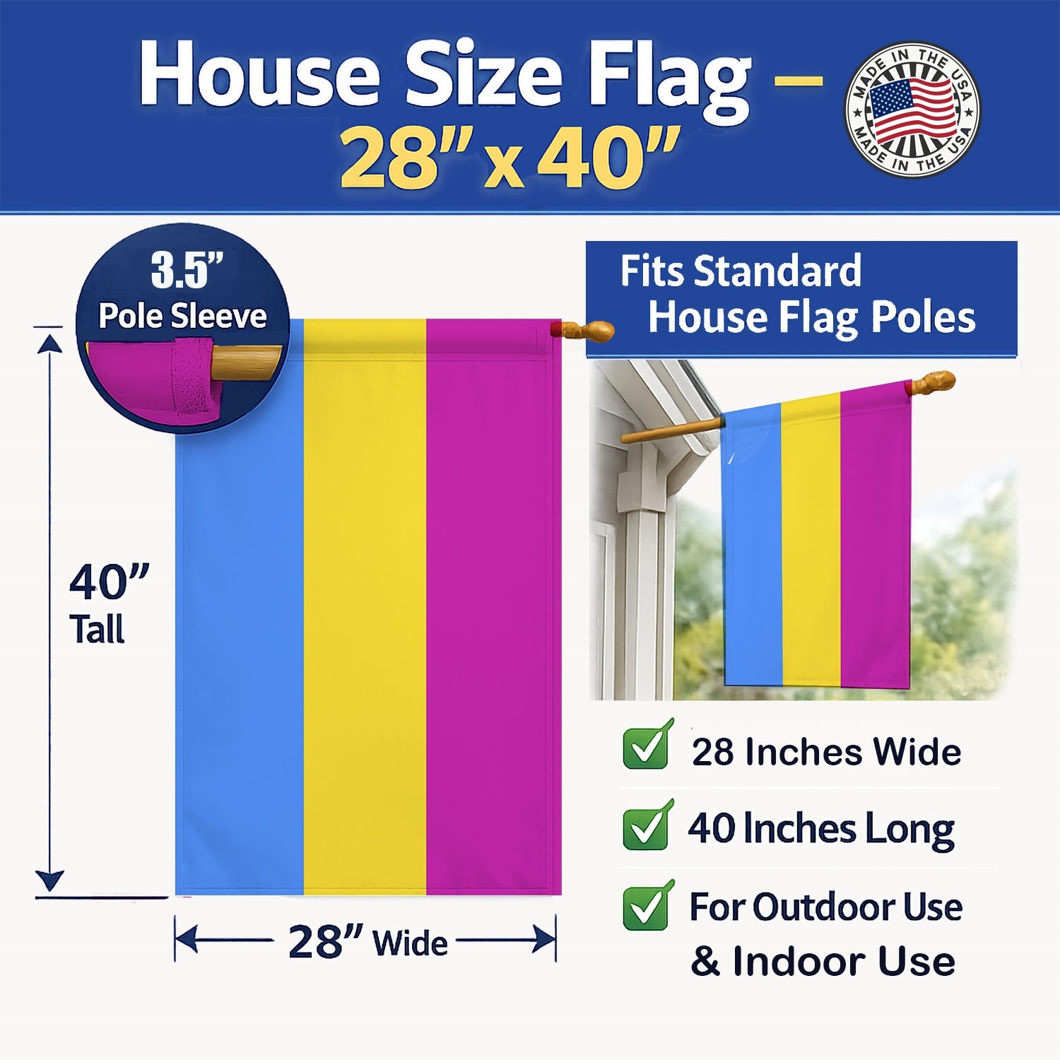 Pansexual Pride House Flag 28x40 Porch Sleeve Pole Decorative Outside Yard Banner Artwork Wall Hanging, Polyester