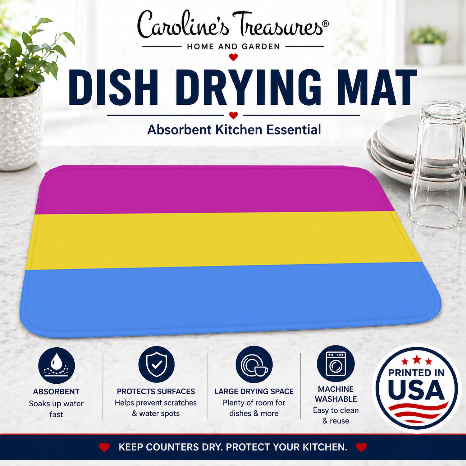 Pansexual Pride Dish Drying Mat Absorbent Dish Drying Mat Pad for Kitchen Counter Dish Drainer Mat for Countertop, 14 x 21", Multicolor