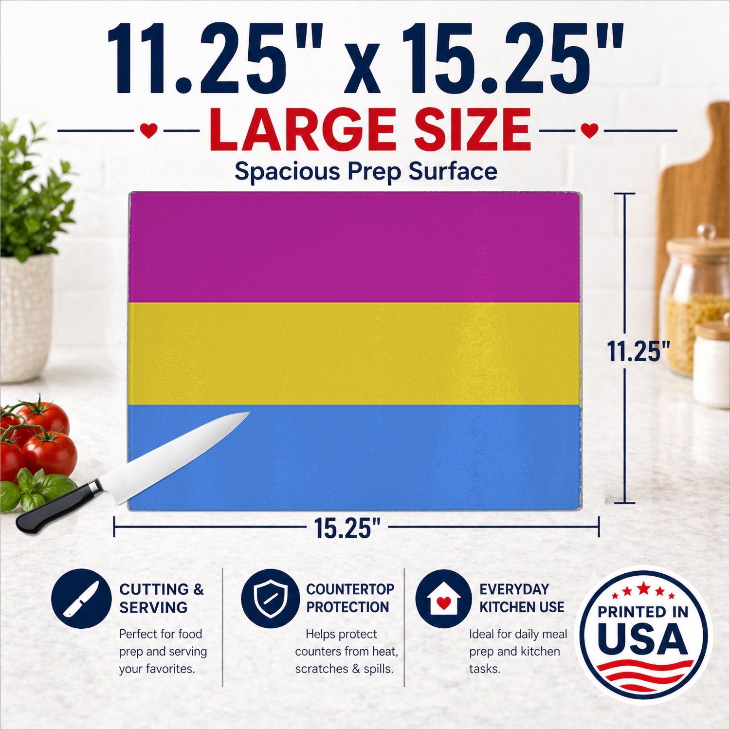 Pansexual Pride Cutting Board Tempered Glass Kitchen Cutting Surface, Heat Resistant Chopping, Non-Slip Feet, Food Prep & Serving