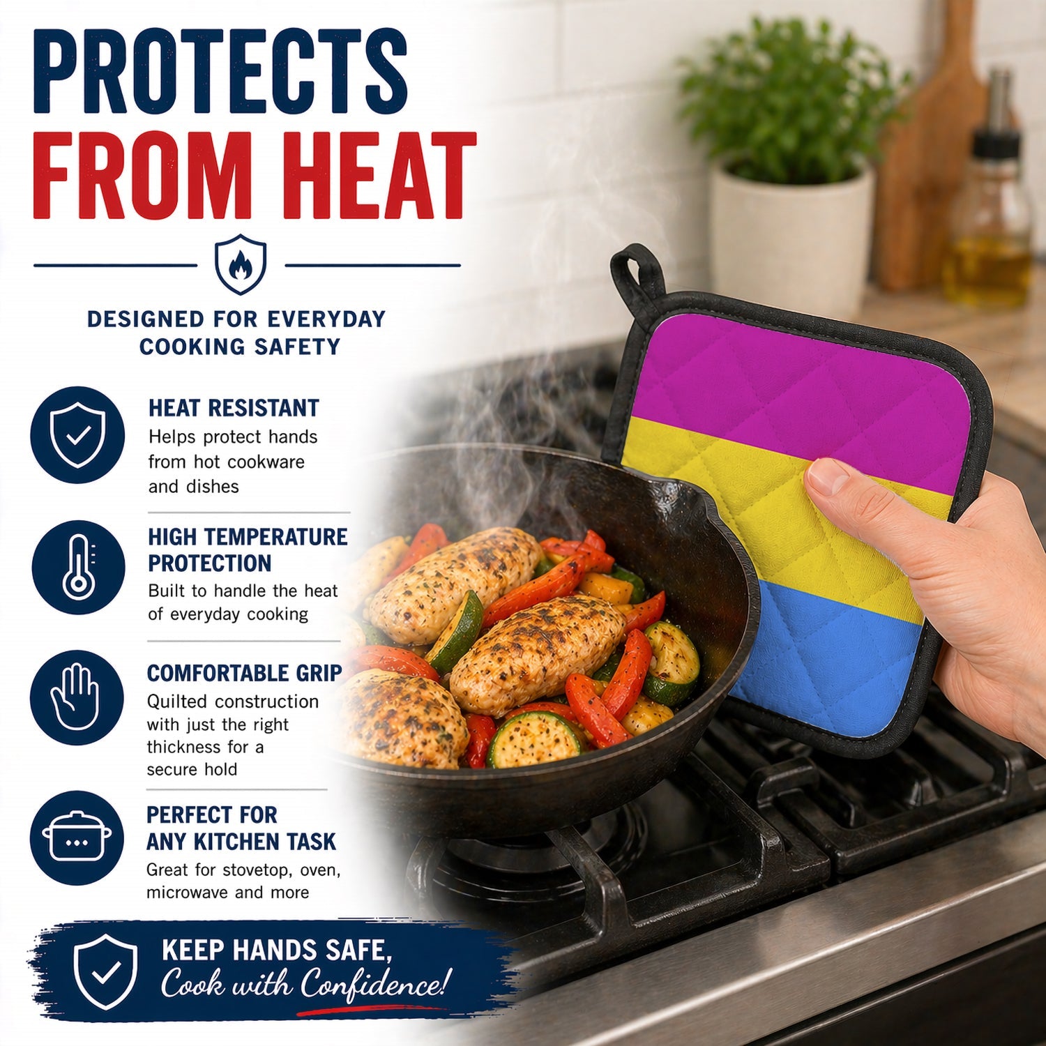 Pansexual Pride Pot Holder Set of 2 Heat Resistant Quilted Hot Pads 7.5 x 7.5 Inch, Insulated Kitchen Trivets for Cooking & Baking