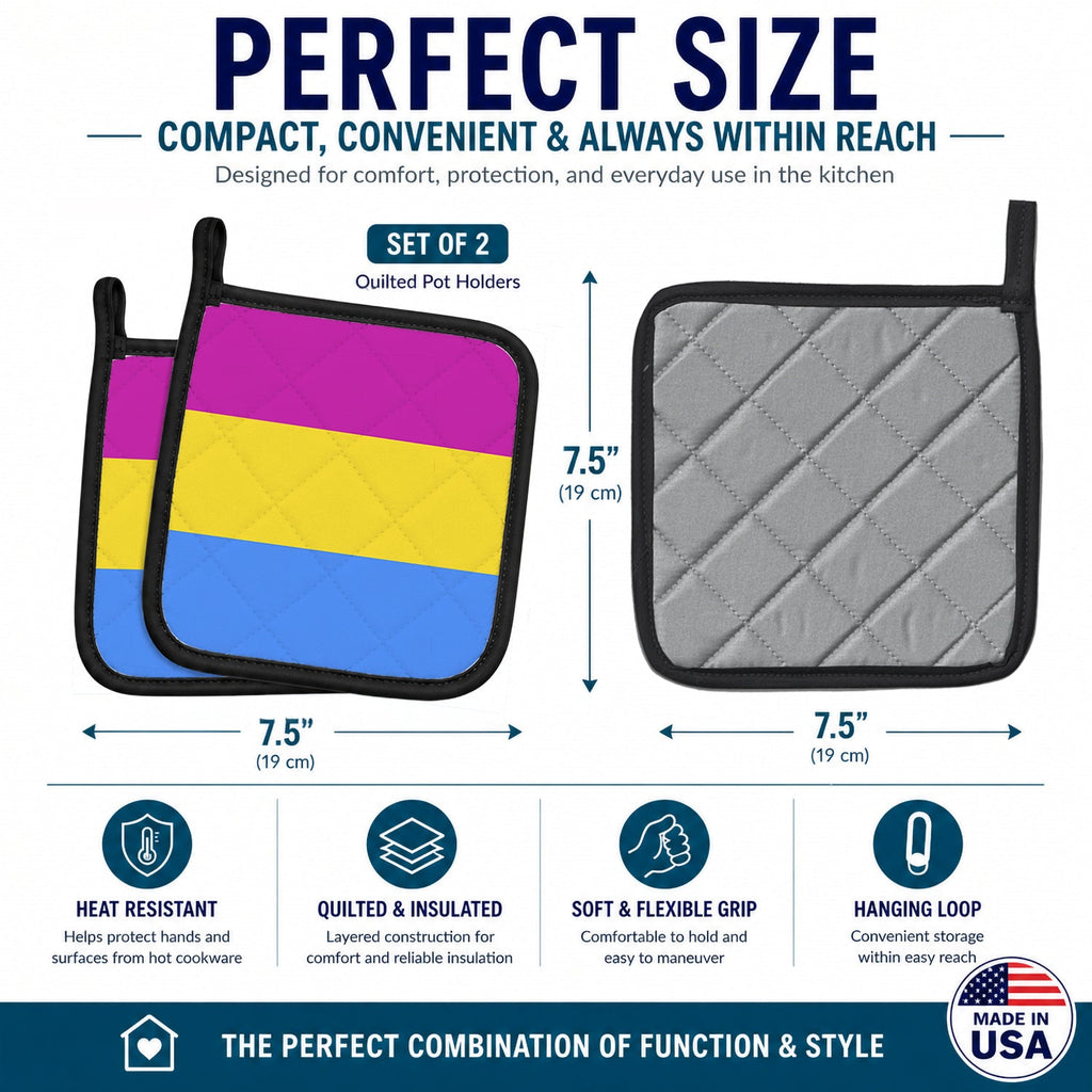 Pansexual Pride Pot Holder Set of 2 Heat Resistant Quilted Hot Pads 7.5 x 7.5 Inch, Insulated Kitchen Trivets for Cooking & Baking