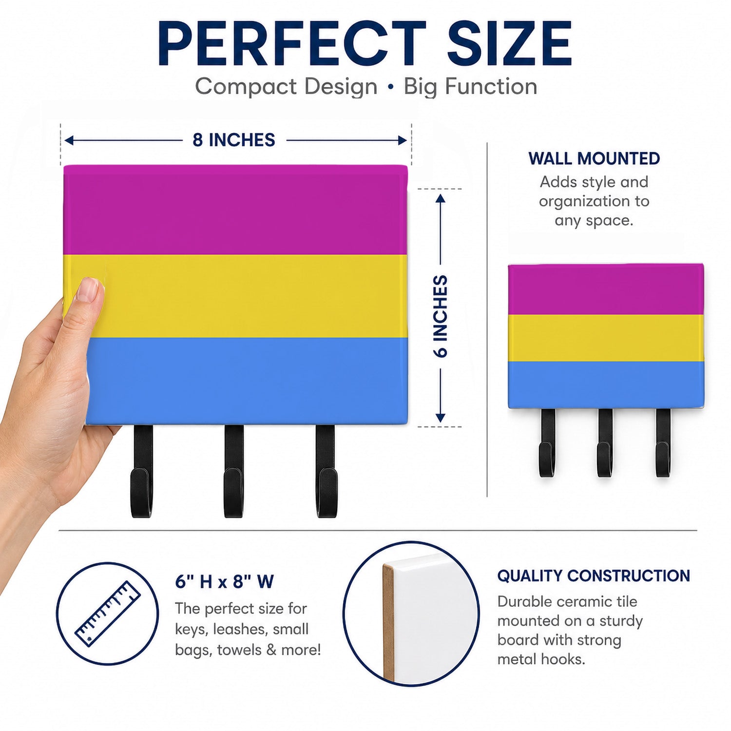 Pansexual Pride Leash or Key Holder Wall Hooks, Coat Rack Wall Mount, for Hanging Keys, Towels, Aprons, Leashes