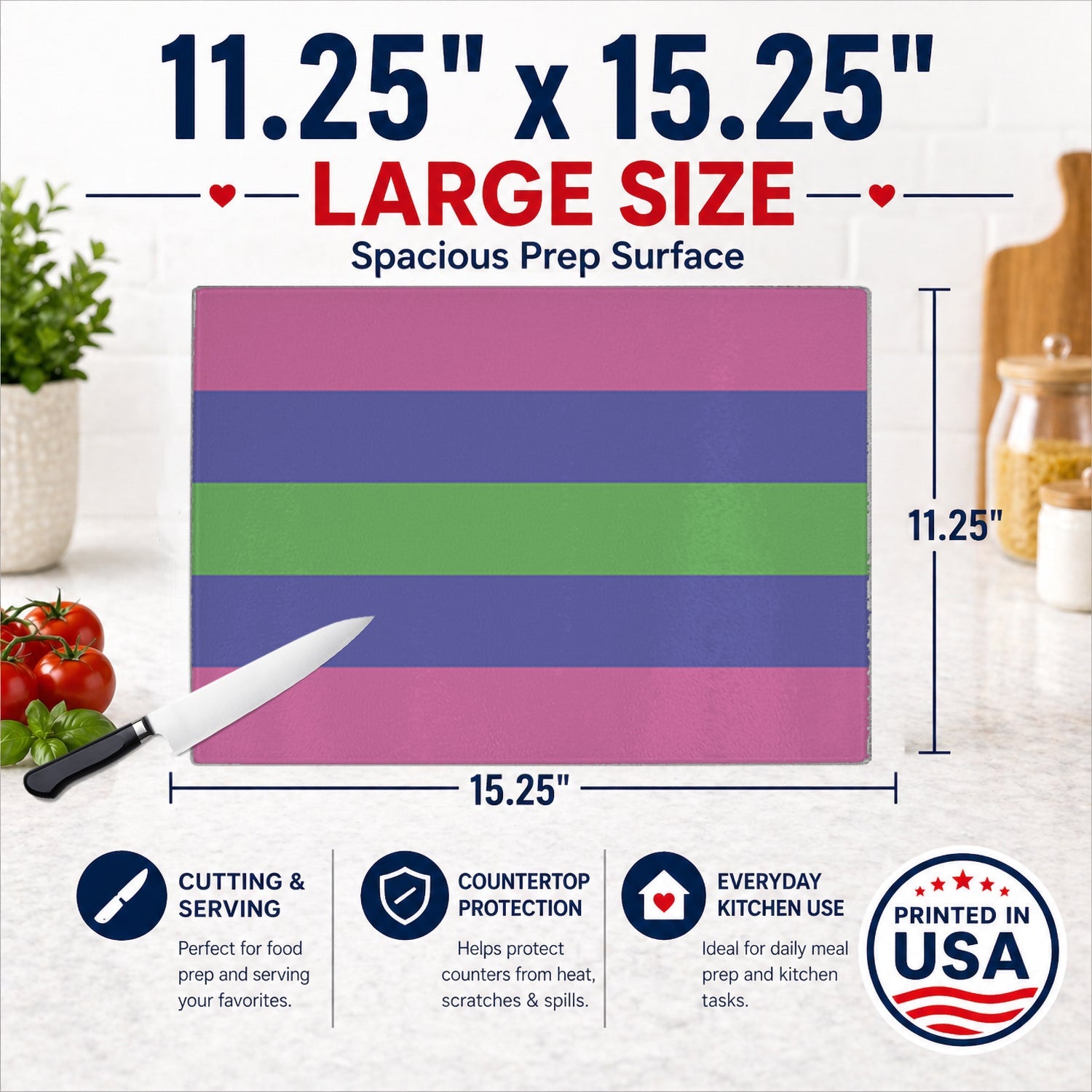 Trigender Pride Cutting Board Tempered Glass Kitchen Cutting Surface, Heat Resistant Chopping, Non-Slip Feet, Food Prep & Serving