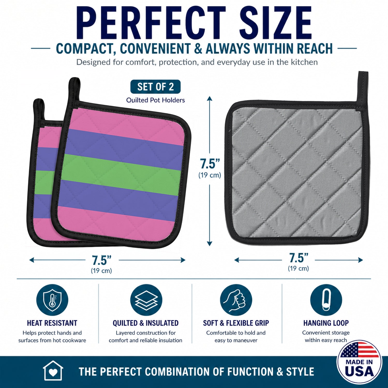 Trigender Pride Pot Holder Set of 2 Heat Resistant Quilted Hot Pads 7.5 x 7.5 Inch, Insulated Kitchen Trivets for Cooking & Baking