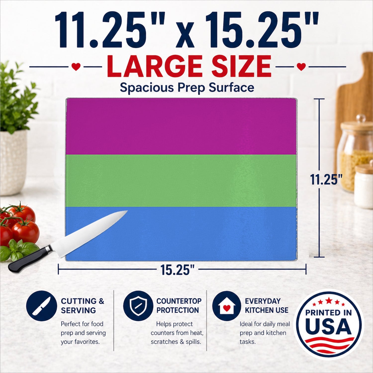 Polisexual Pride Cutting Board Tempered Glass Kitchen Cutting Surface, Heat Resistant Chopping, Non-Slip Feet, Food Prep & Serving