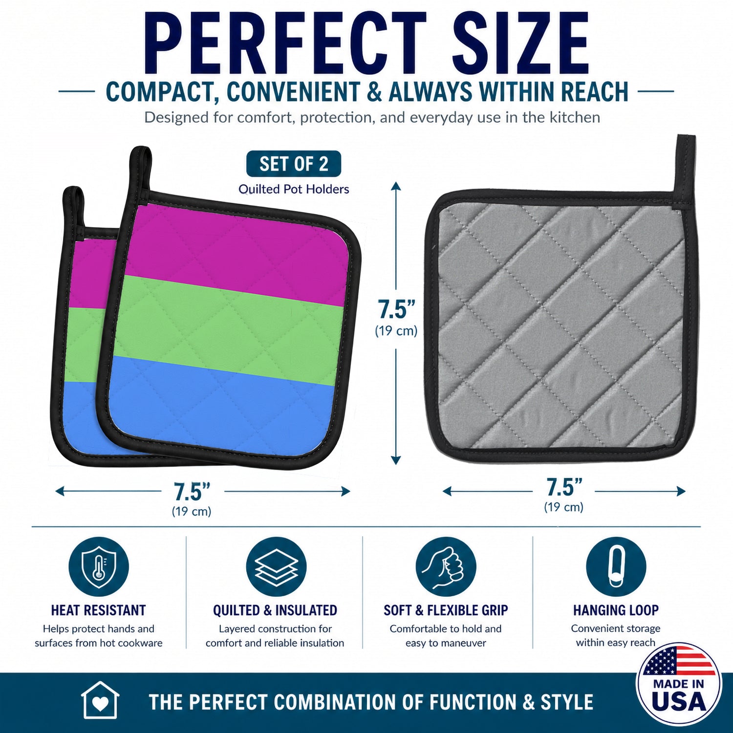 Polisexual Pride Pot Holder Set of 2 Heat Resistant Quilted Hot Pads 7.5 x 7.5 Inch, Insulated Kitchen Trivets for Cooking & Baking