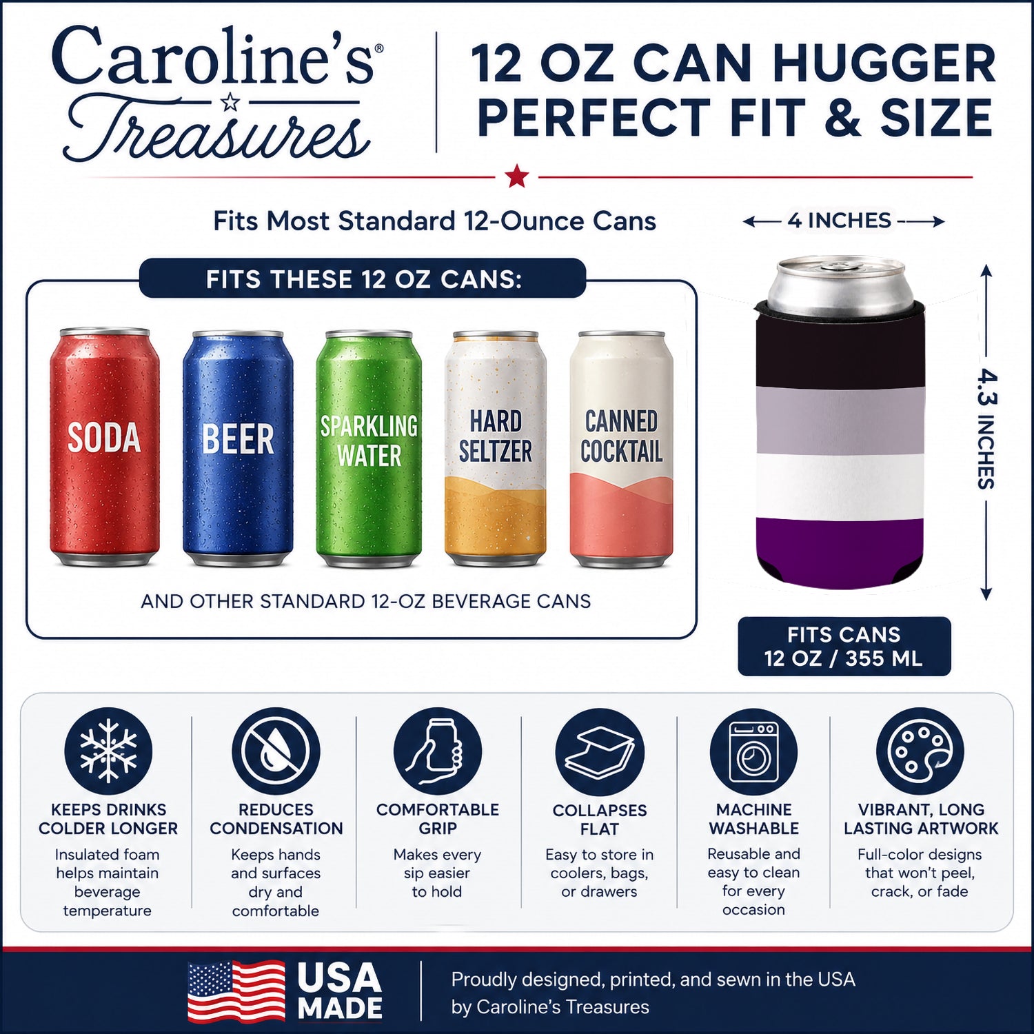 Asexual Pride Can or Bottle Hugger Cooler Sleeve for Standard 12 oz Cans, Insulated Foam Beer & Soda Can Hugger Reusable