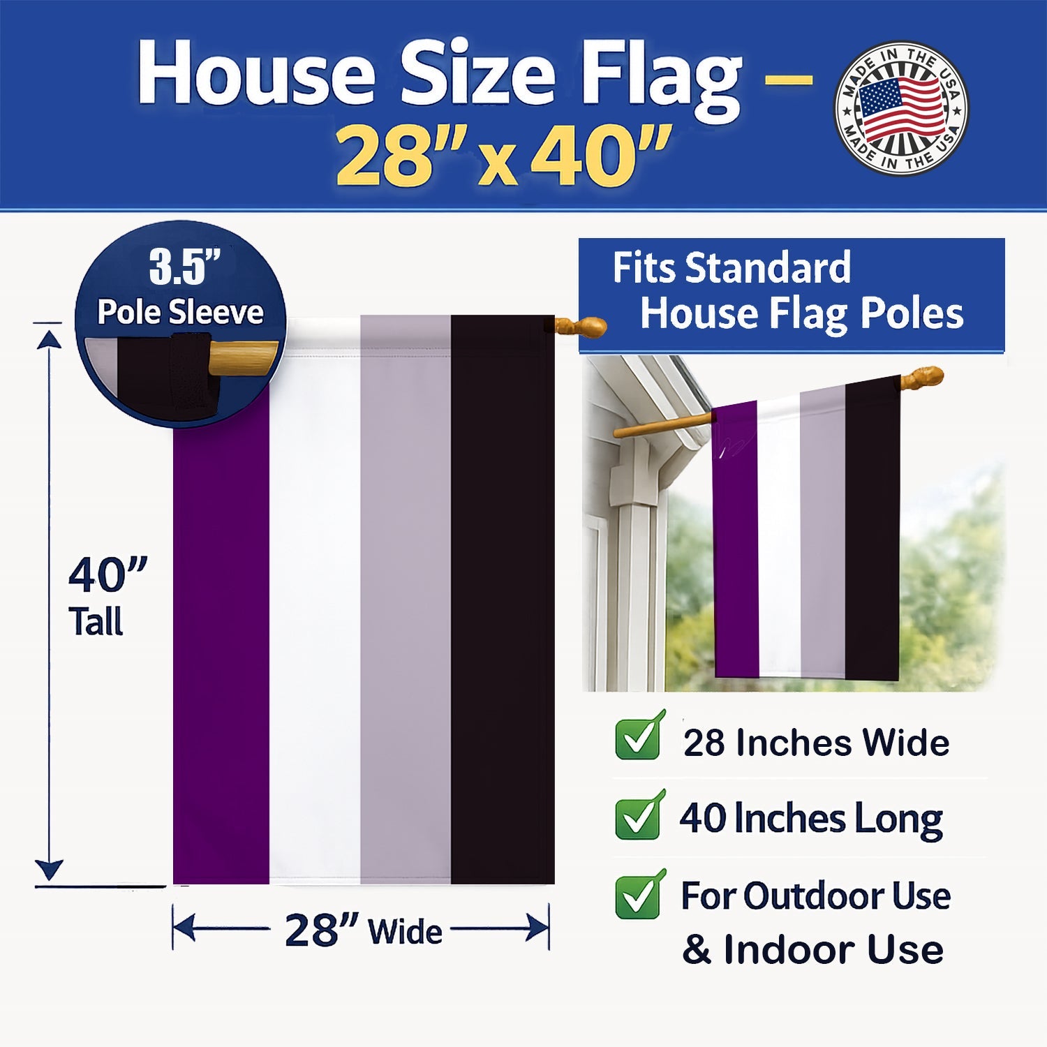 Asexual Pride House Flag 28x40 Porch Sleeve Pole Decorative Outside Yard Banner Artwork Wall Hanging, Polyester