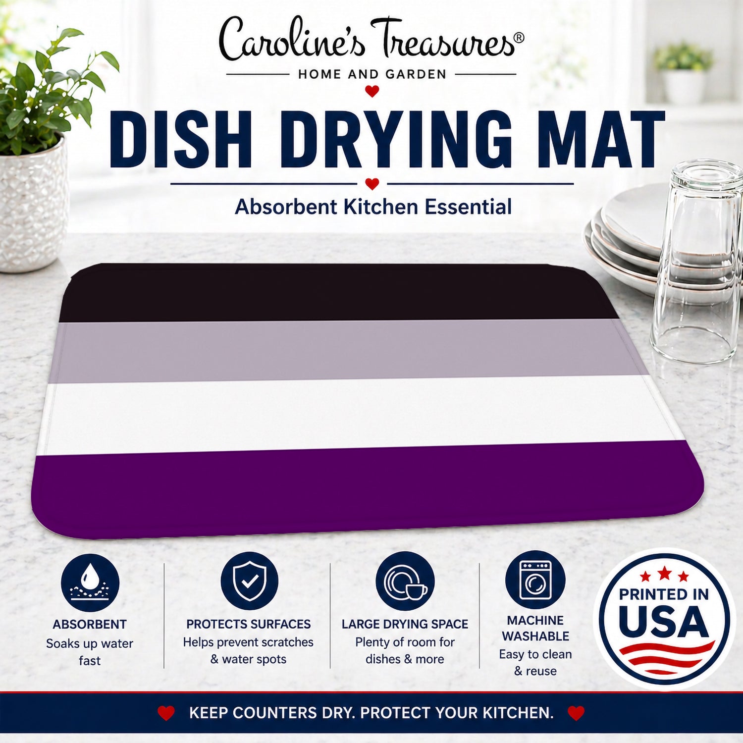 Asexual Pride Dish Drying Mat Absorbent Dish Drying Mat Pad for Kitchen Counter Dish Drainer Mat for Countertop, 14 x 21", Multicolor