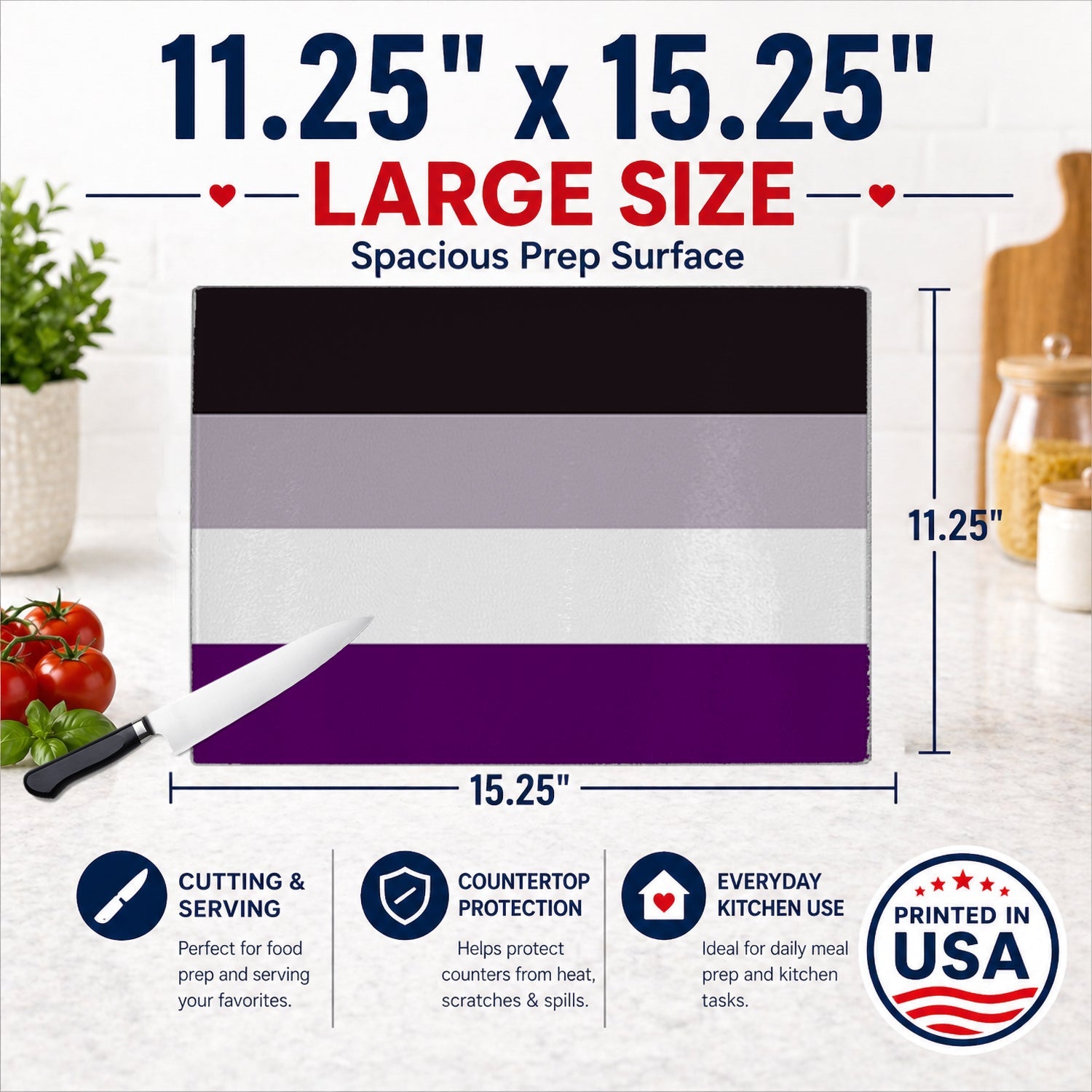 Asexual Pride Cutting Board Tempered Glass Kitchen Cutting Surface, Heat Resistant Chopping, Non-Slip Feet, Food Prep & Serving