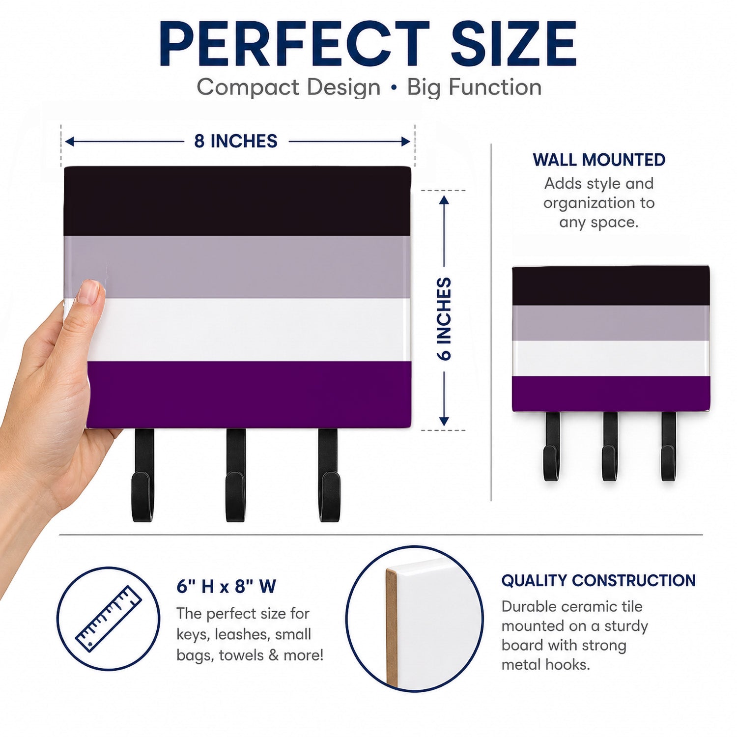 Asexual Pride Leash or Key Holder Wall Hooks, Coat Rack Wall Mount, for Hanging Keys, Towels, Aprons, Leashes