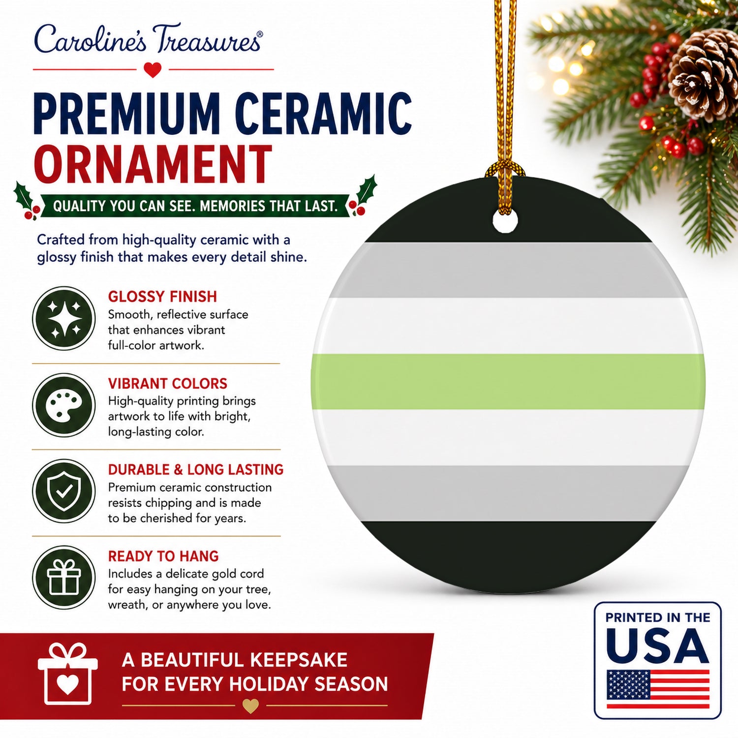 Agender Pride Ceramic Ornament Christmas Tree Hanging Decorations for Home Christmas Holiday, Party, Gift, 3 in, Multicolor