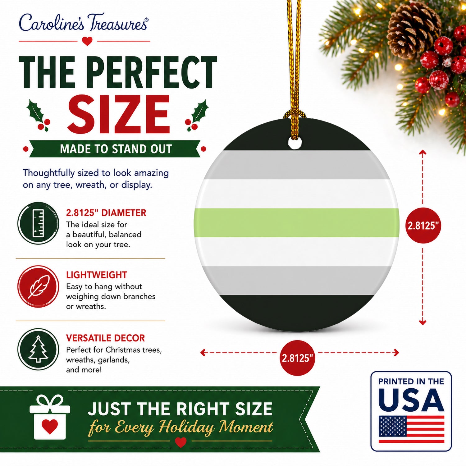 Agender Pride Ceramic Ornament Christmas Tree Hanging Decorations for Home Christmas Holiday, Party, Gift, 3 in, Multicolor