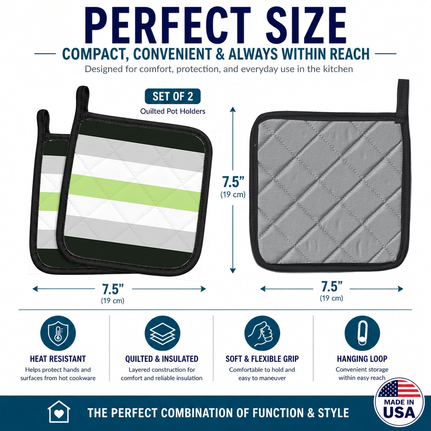 Agender Pride Pot Holder Set of 2 Heat Resistant Quilted Hot Pads 7.5 x 7.5 Inch, Insulated Kitchen Trivets for Cooking & Baking