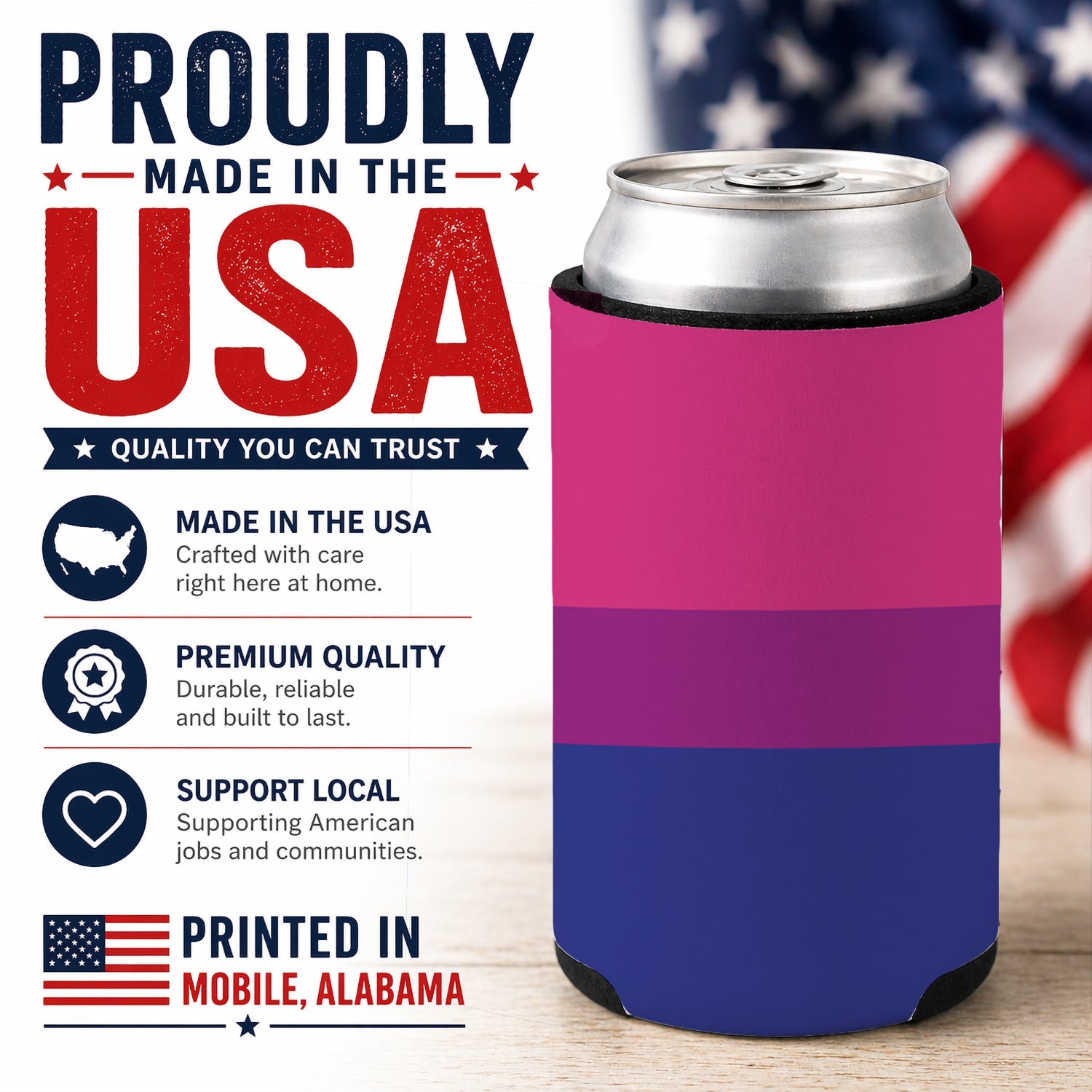 Bisexual Pride Can or Bottle Hugger Cooler Sleeve for Standard 12 oz Cans, Insulated Foam Beer & Soda Can Hugger Reusable