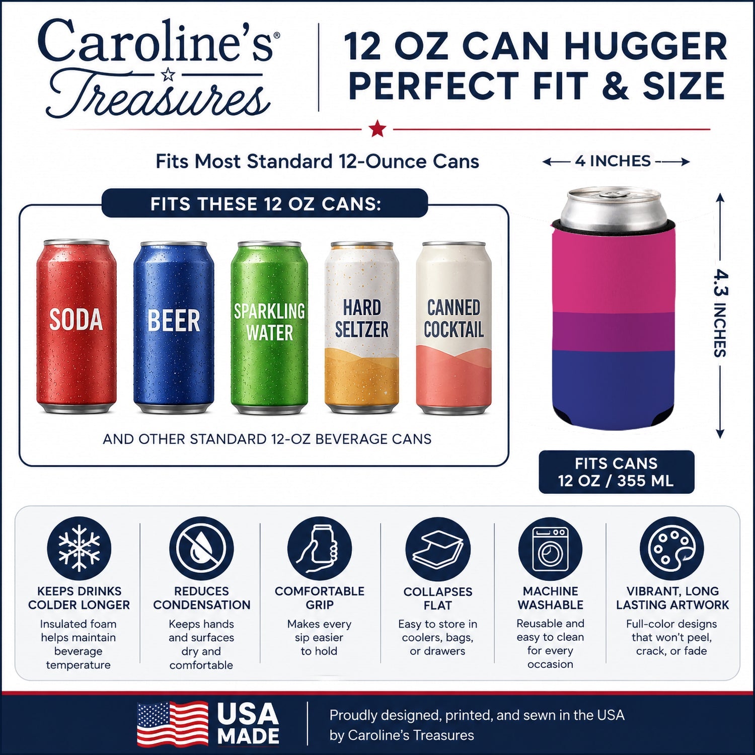 Bisexual Pride Can or Bottle Hugger Cooler Sleeve for Standard 12 oz Cans, Insulated Foam Beer & Soda Can Hugger Reusable