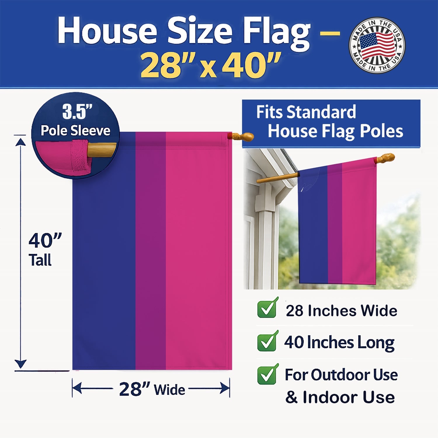 Bisexual Pride House Flag 28x40 Porch Sleeve Pole Decorative Outside Yard Banner Artwork Wall Hanging, Polyester