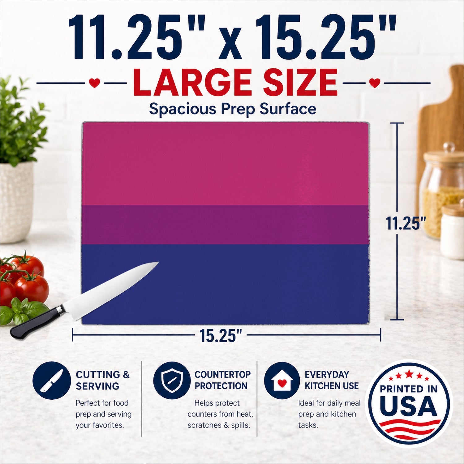Bisexual Pride Cutting Board Tempered Glass Kitchen Cutting Surface, Heat Resistant Chopping, Non-Slip Feet, Food Prep & Serving