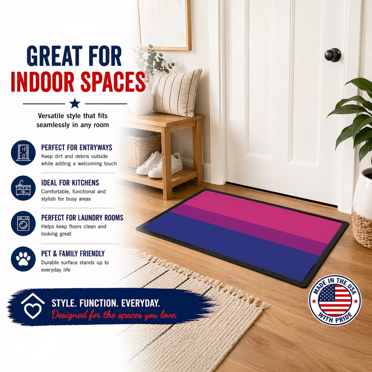Bisexual Pride Doormat Indoor Outdoor 18H X 27W Front Door Mat Rugs for Entryway, Non Slip Washable