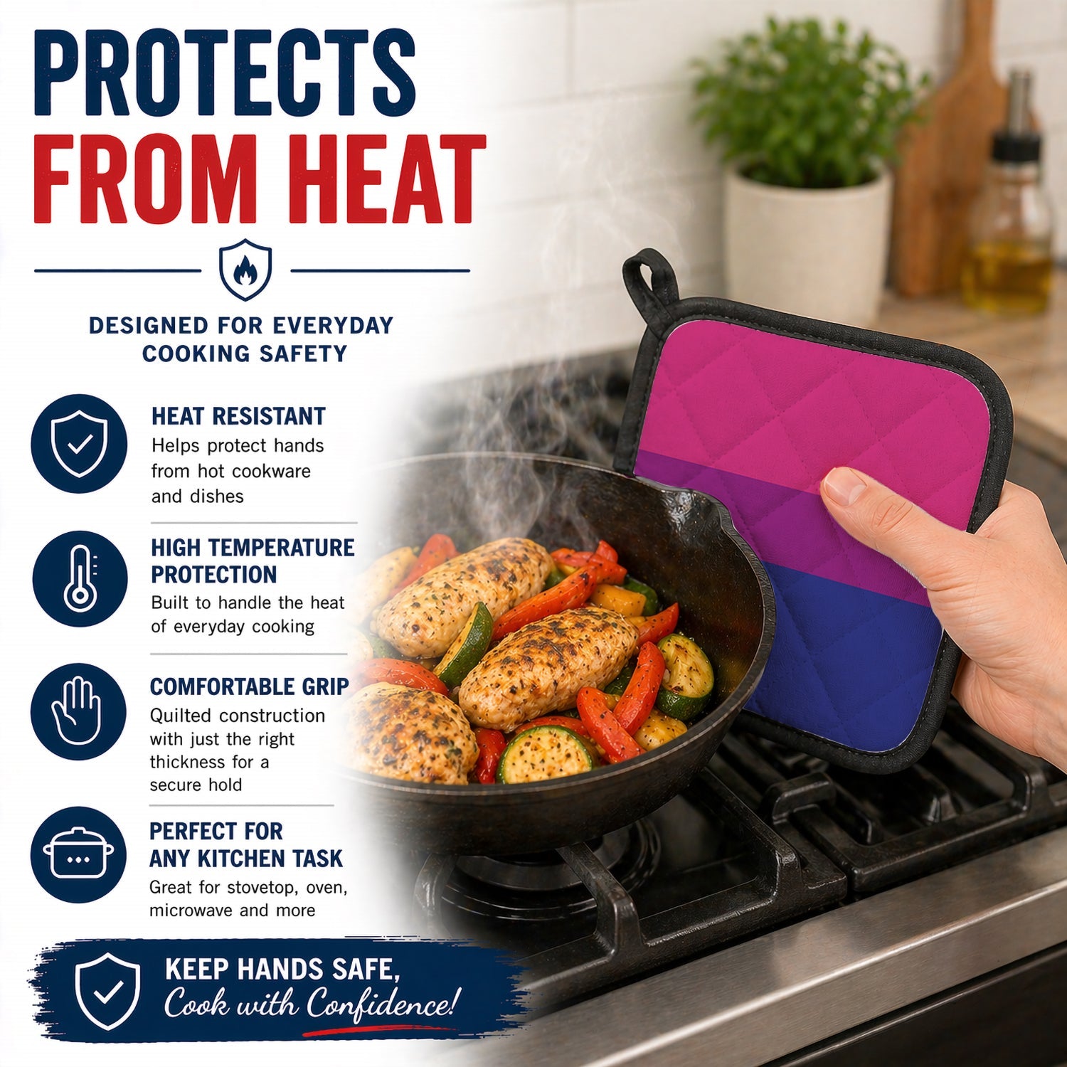Bisexual Pride Pot Holder Set of 2 Heat Resistant Quilted Hot Pads 7.5 x 7.5 Inch, Insulated Kitchen Trivets for Cooking & Baking