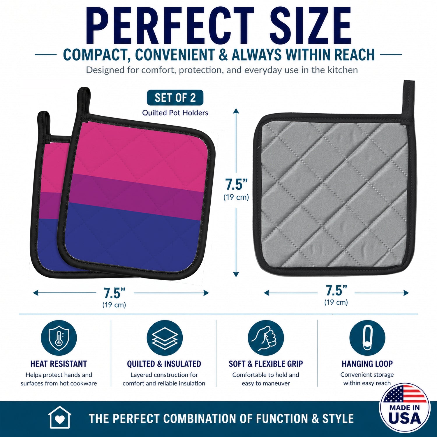 Bisexual Pride Pot Holder Set of 2 Heat Resistant Quilted Hot Pads 7.5 x 7.5 Inch, Insulated Kitchen Trivets for Cooking & Baking