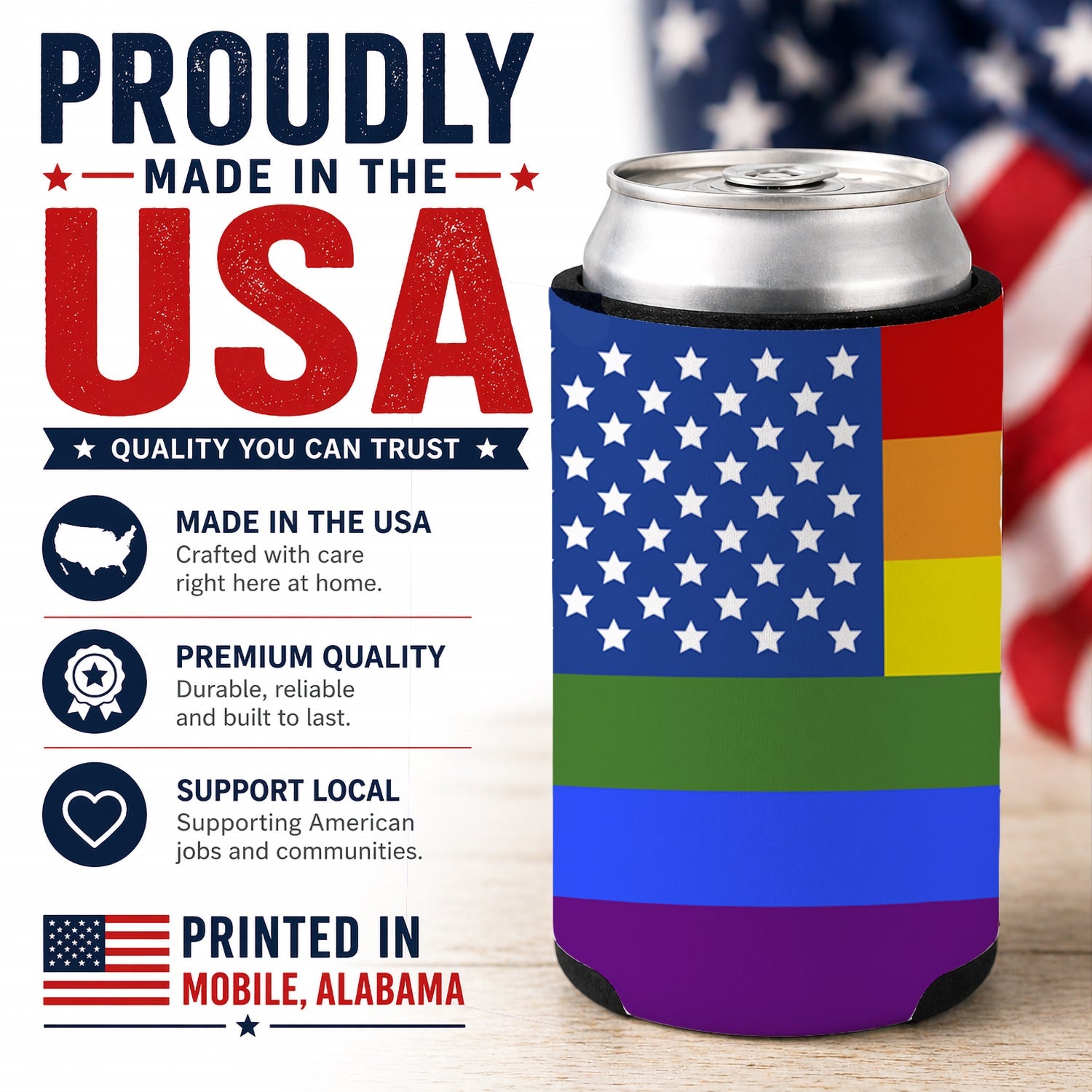 USA Gay Pride Can or Bottle Hugger Cooler Sleeve for Standard 12 oz Cans, Insulated Foam Beer & Soda Can Hugger Reusable
