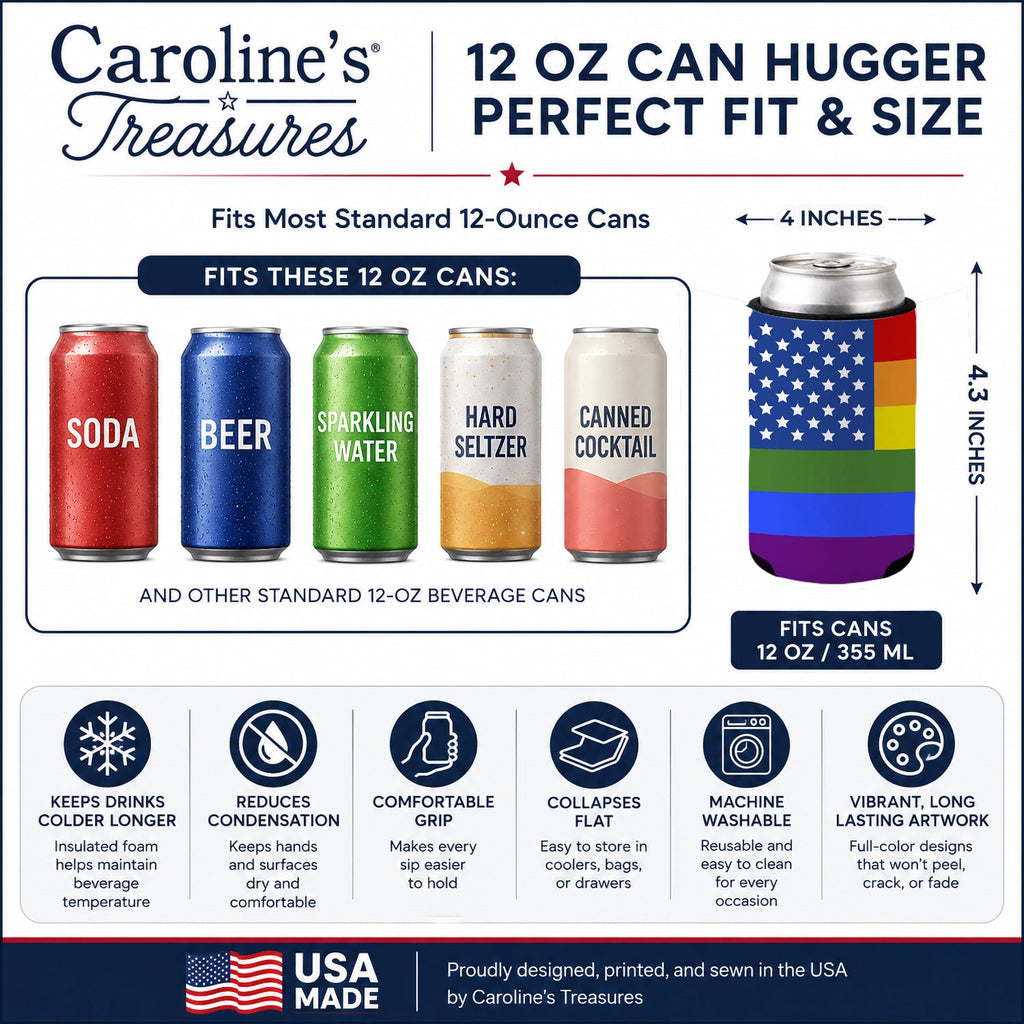 USA Gay Pride Can or Bottle Hugger Cooler Sleeve for Standard 12 oz Cans, Insulated Foam Beer & Soda Can Hugger Reusable