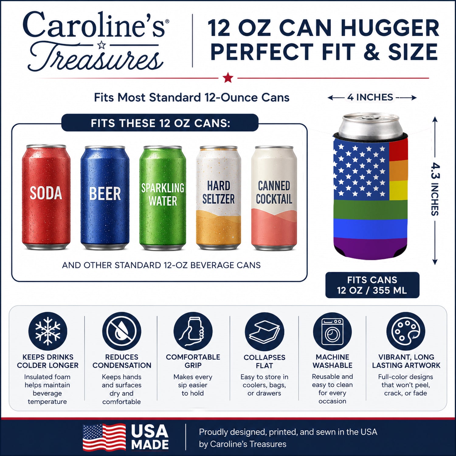 USA Gay Pride Can or Bottle Hugger Cooler Sleeve for Standard 12 oz Cans, Insulated Foam Beer & Soda Can Hugger Reusable