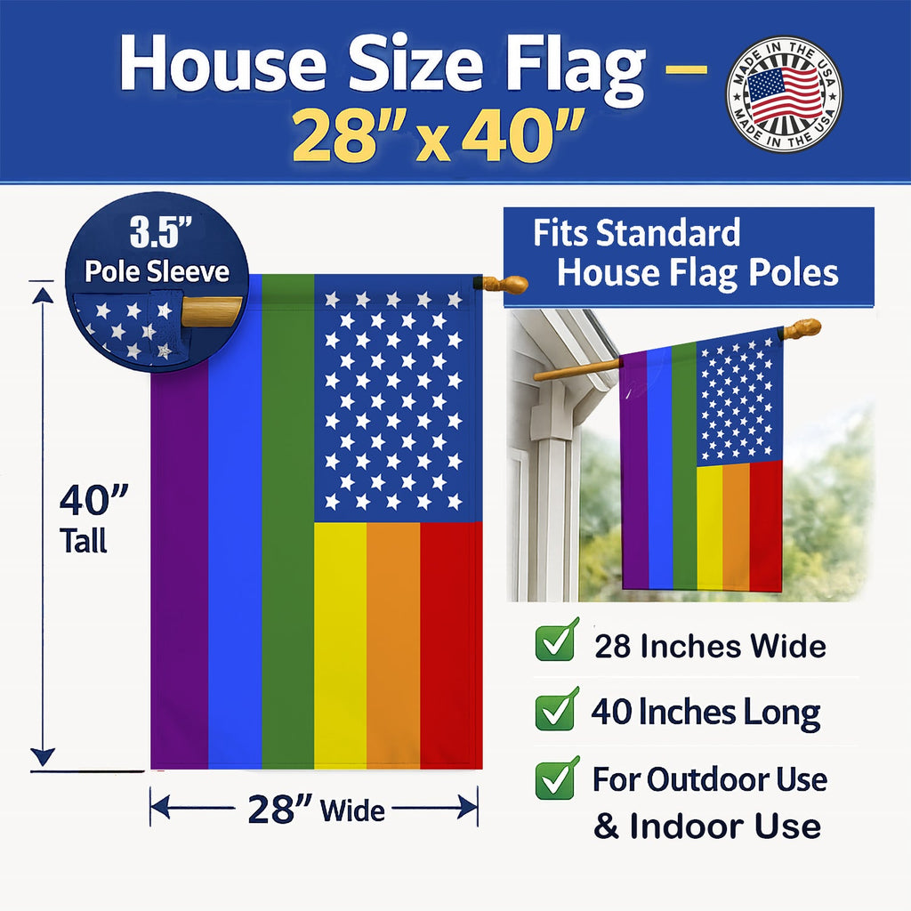 USA Gay Pride House Flag 28x40 Porch Sleeve Pole Decorative Outside Yard Banner Artwork Wall Hanging, Polyester