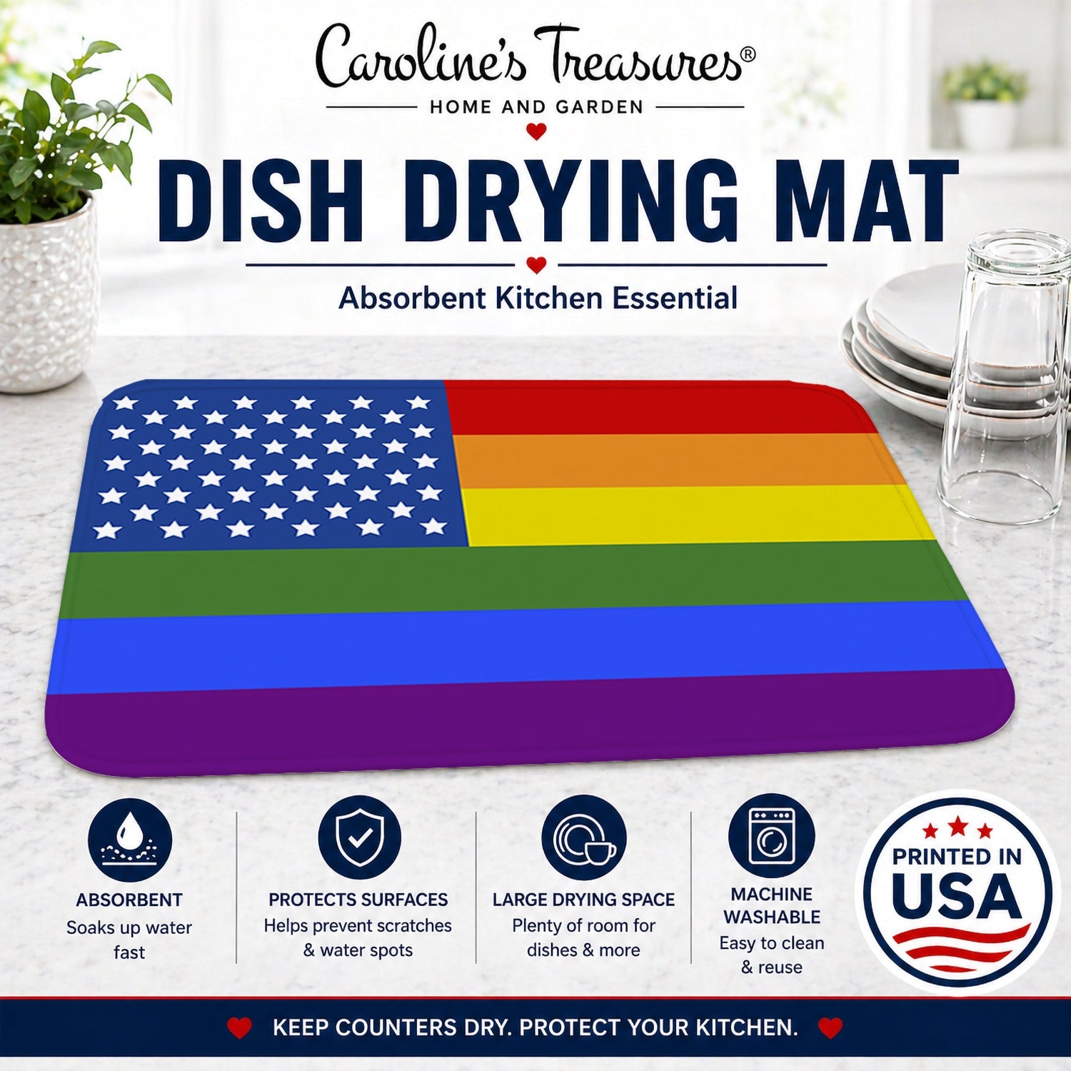 USA Gay Pride Dish Drying Mat Absorbent Dish Drying Mat Pad for Kitchen Counter Dish Drainer Mat for Countertop, 14 x 21", Multicolor
