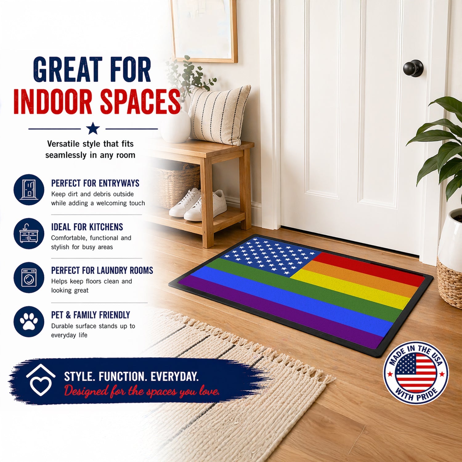 USA Gay Pride Doormat Indoor Outdoor 24H X 36W Front Door Mat Rugs for Entryway, Non Slip Washable Low Pile,