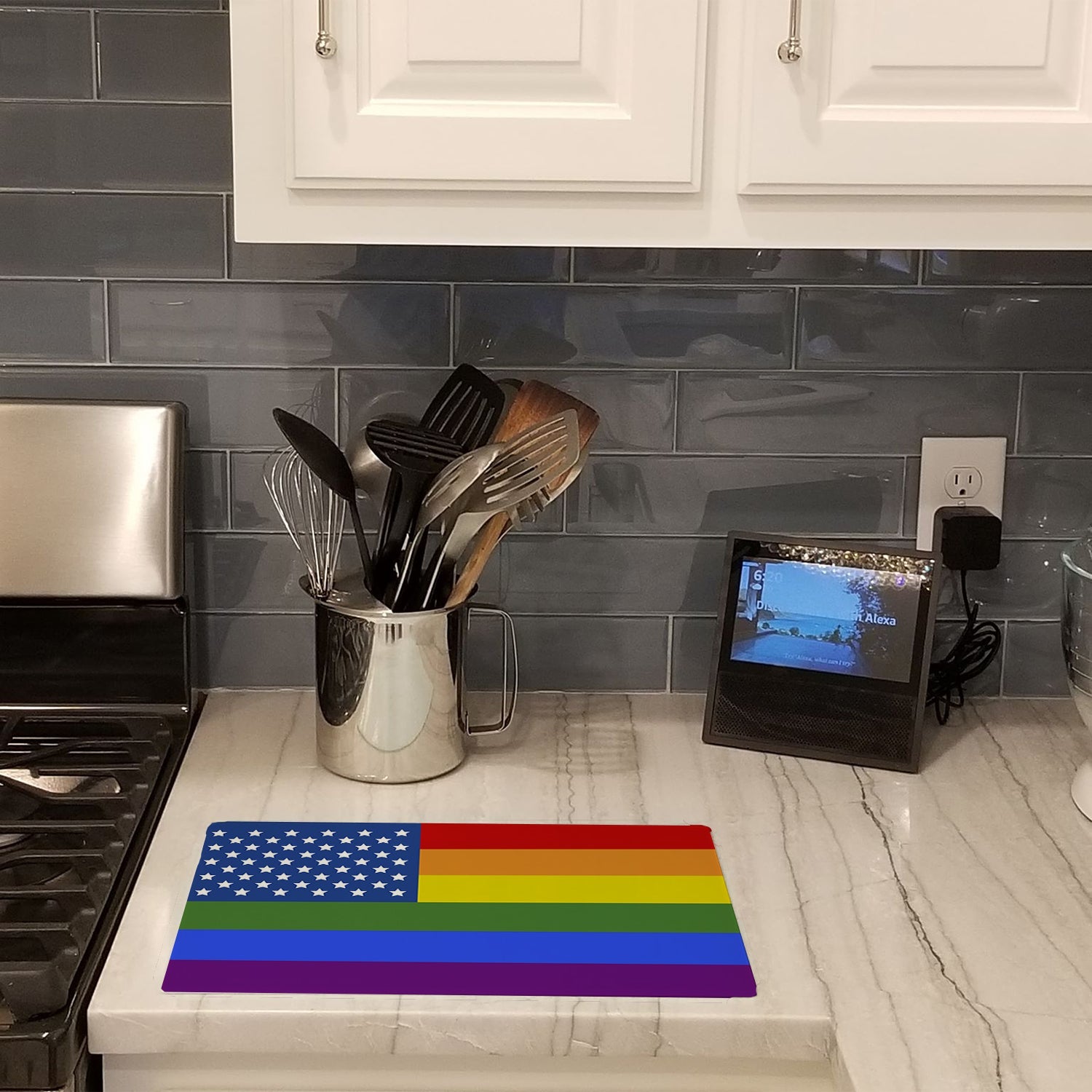 USA Gay Pride Cutting Board Tempered Glass Kitchen Cutting Surface, Heat Resistant Chopping, Non-Slip Feet, Food Prep & Serving