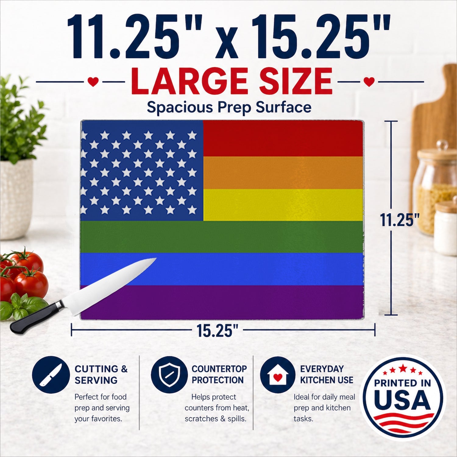 USA Gay Pride Cutting Board Tempered Glass Kitchen Cutting Surface, Heat Resistant Chopping, Non-Slip Feet, Food Prep & Serving